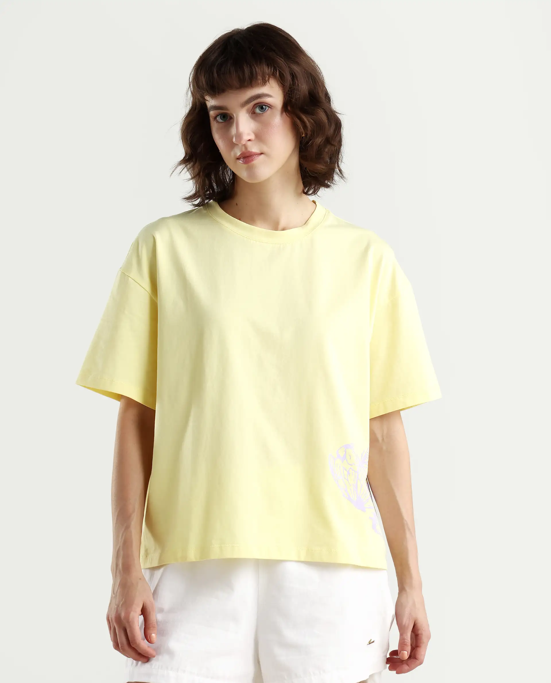 Rareism Women's Grando Yellow Cotton Blend Crew Neck Plain Boxy Fit T-Shirt - Image 3