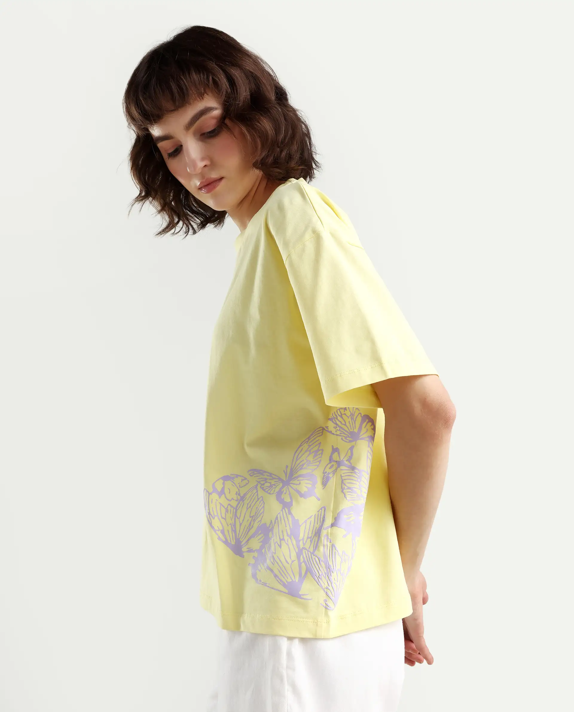 Rareism Women's Grando Yellow Cotton Blend Crew Neck Plain Boxy Fit T-Shirt - Image 4