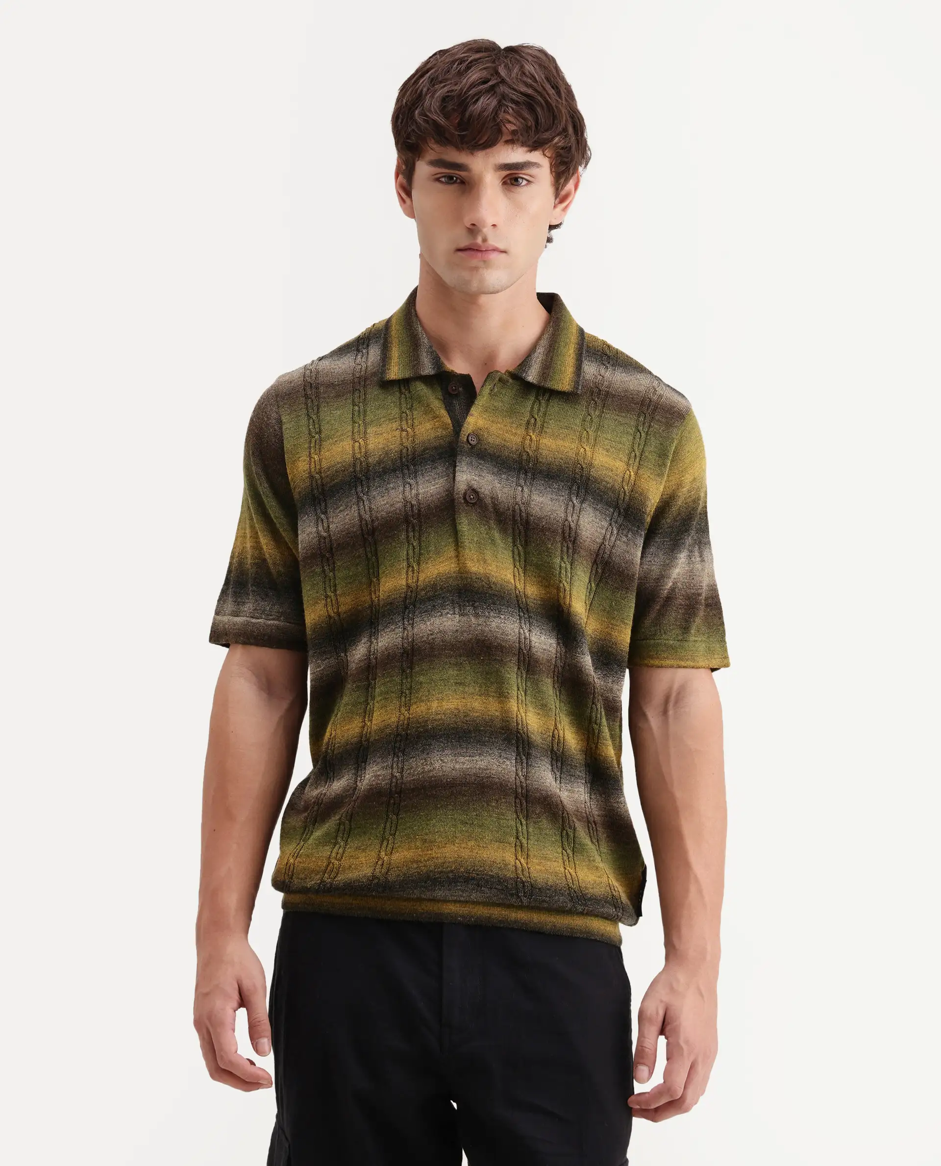 Rare Rabbit Men's Grao Multi-1 Cotton Spread Collar Button Regular Fit Striped Polo - Image 4
