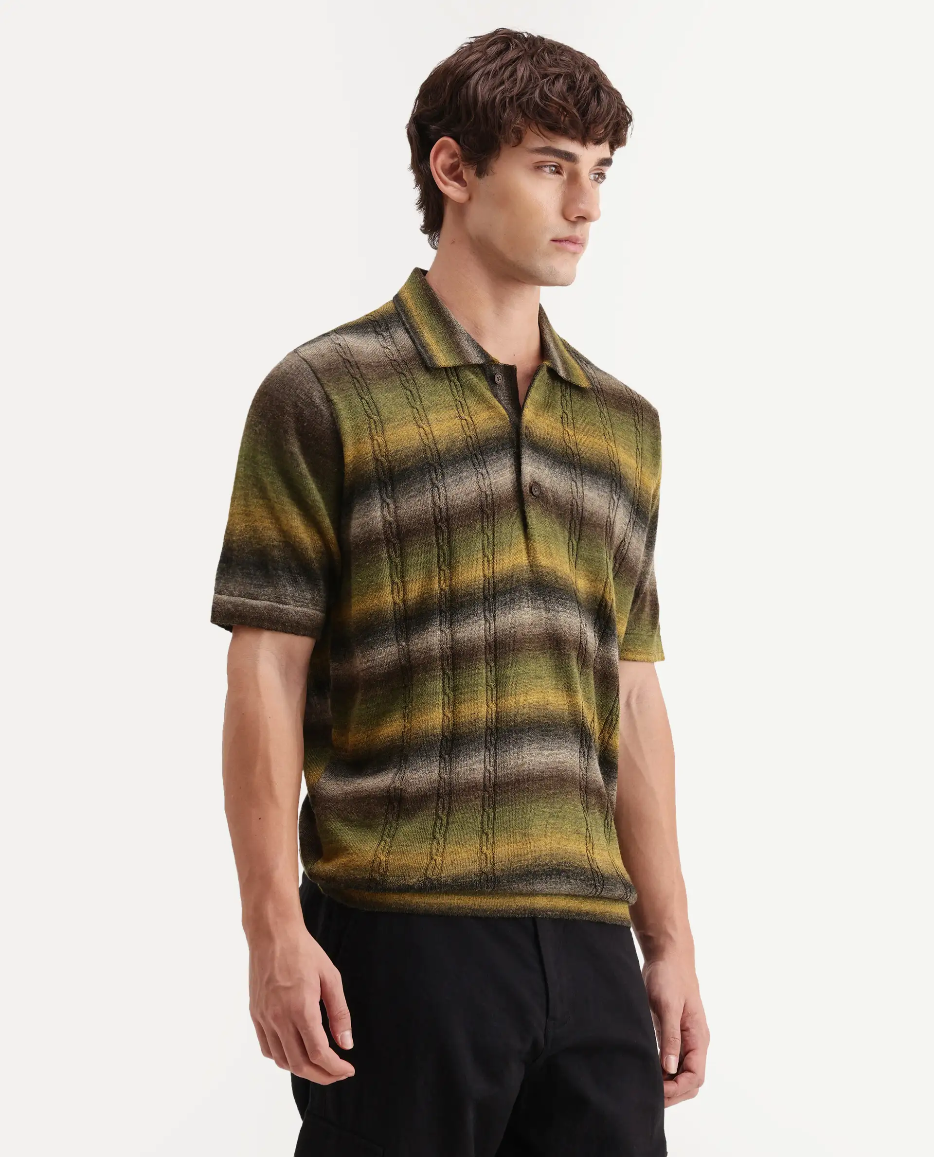 Rare Rabbit Men's Grao Multi-1 Cotton Spread Collar Button Regular Fit Striped Polo - Image 5