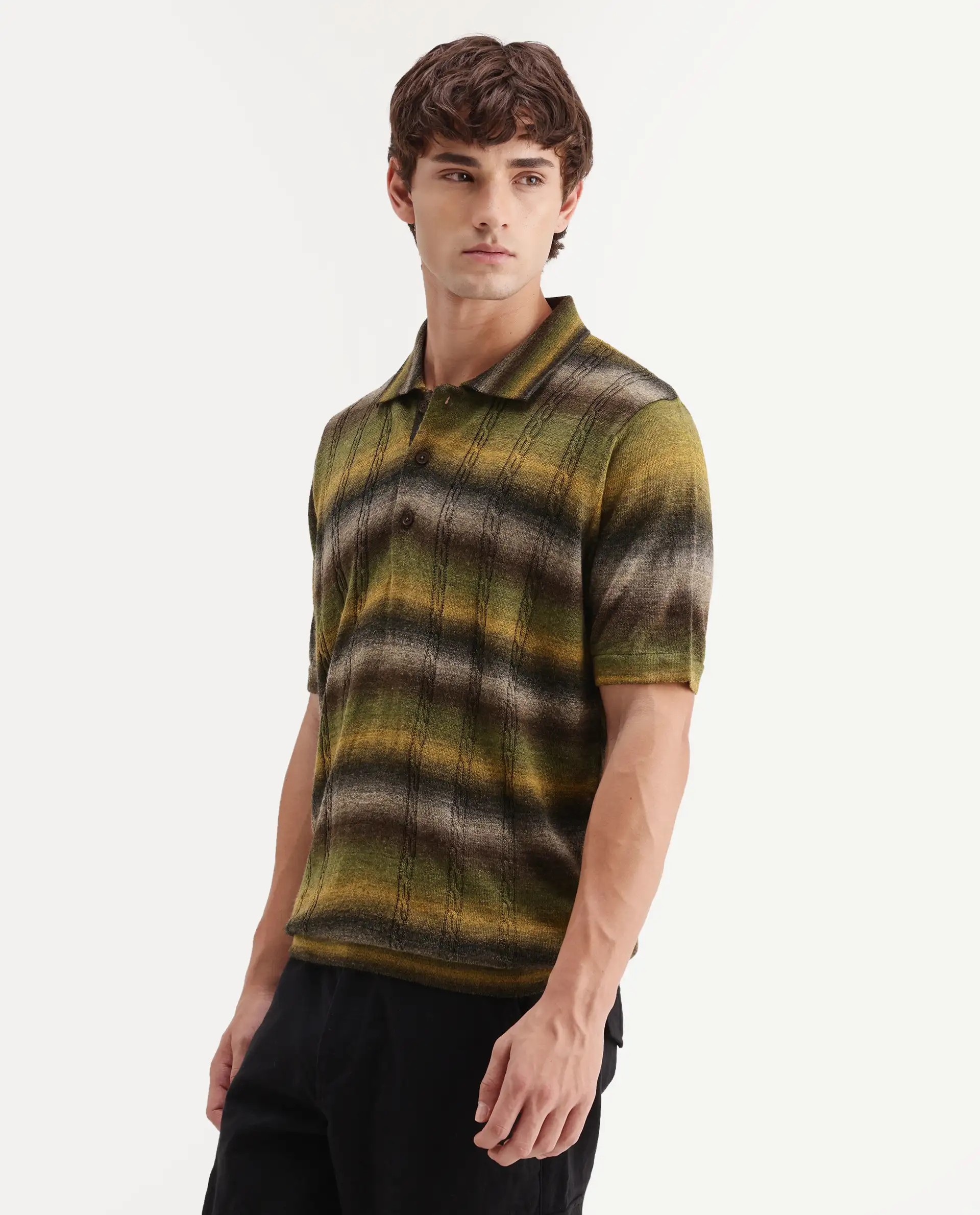 Rare Rabbit Men's Grao Multi-1 Cotton Spread Collar Button Regular Fit Striped Polo - Image 6