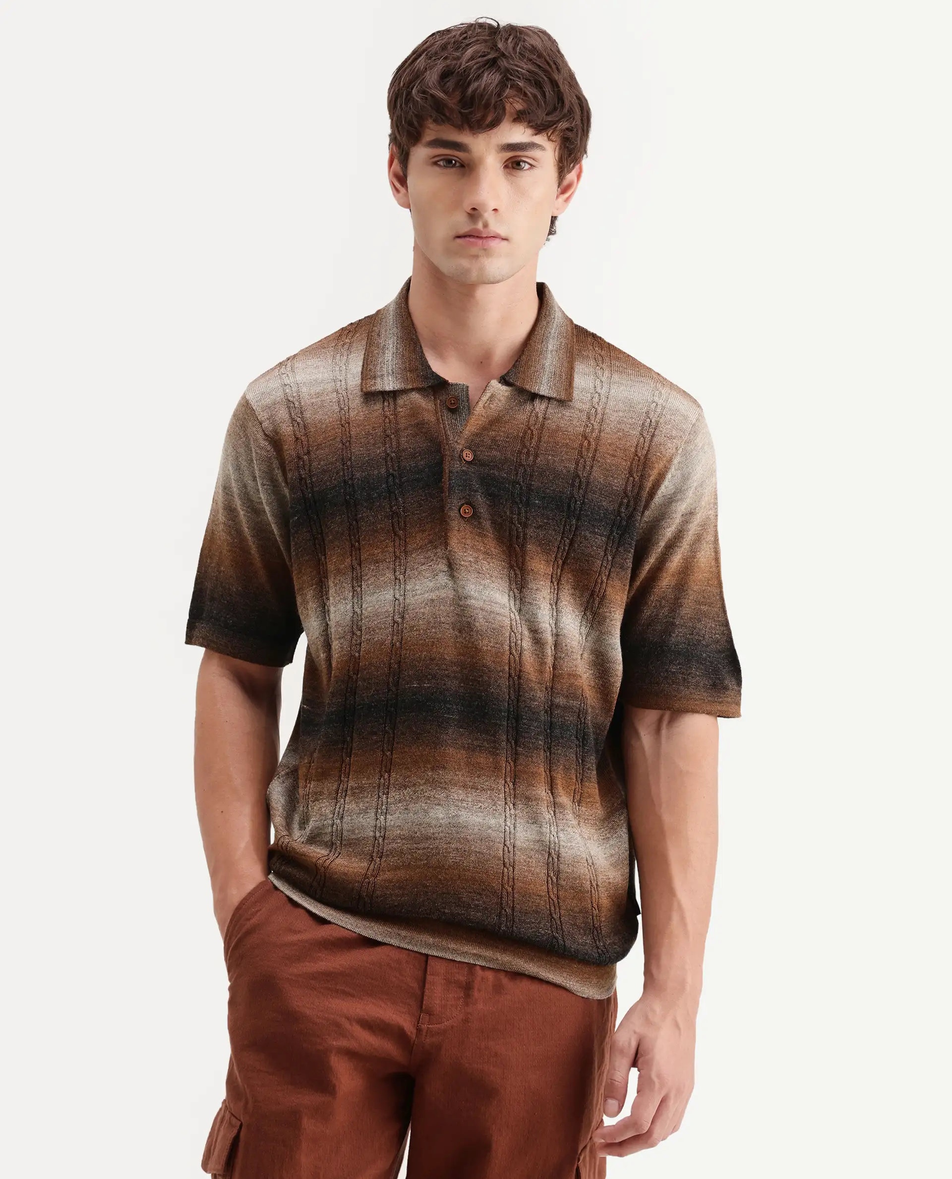 Rare Rabbit Men's Grao Multi-3 Cotton Spread Collar Button Regular Fit Striped Polo - Image 4