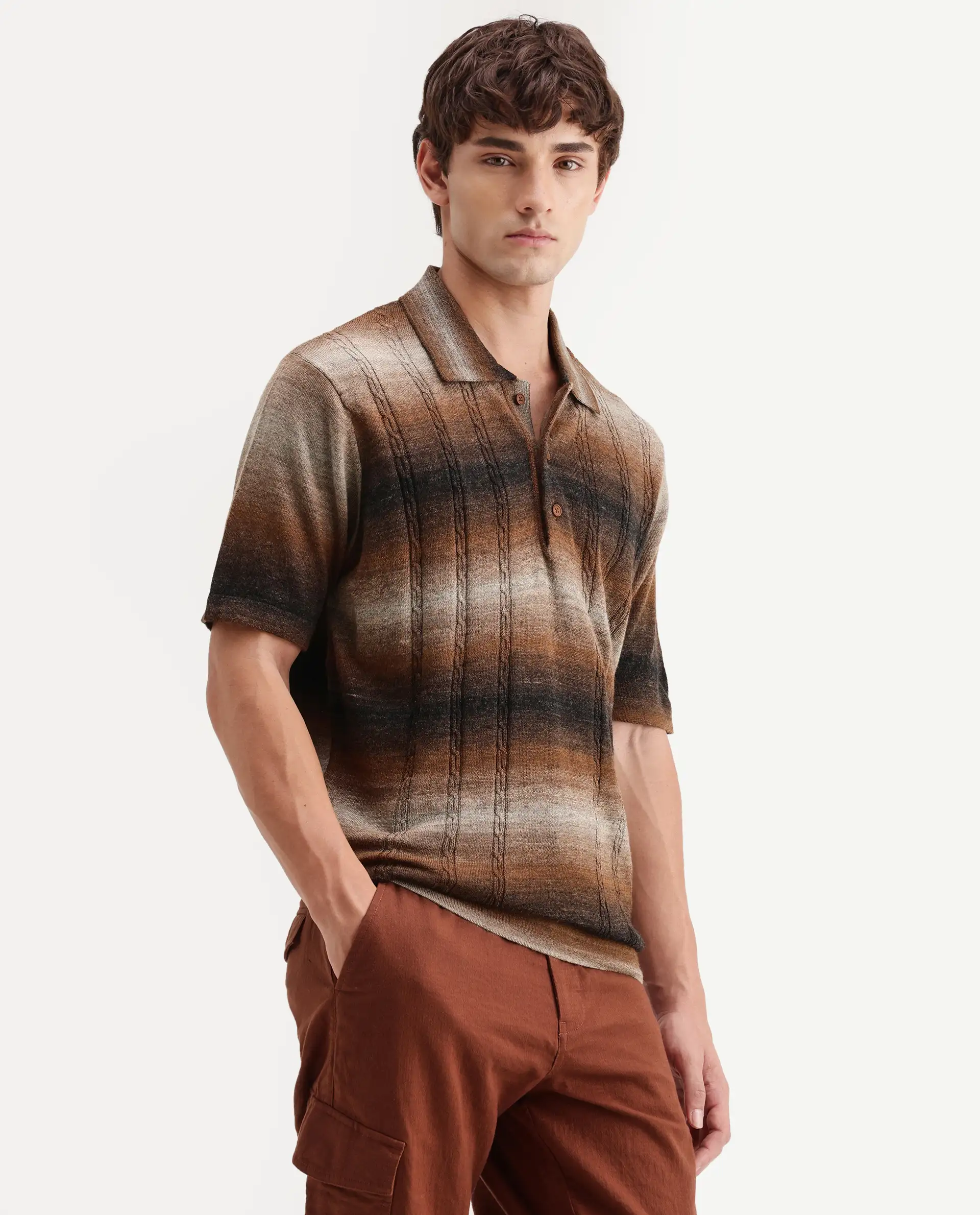 Rare Rabbit Men's Grao Multi-3 Cotton Spread Collar Button Regular Fit Striped Polo - Image 5