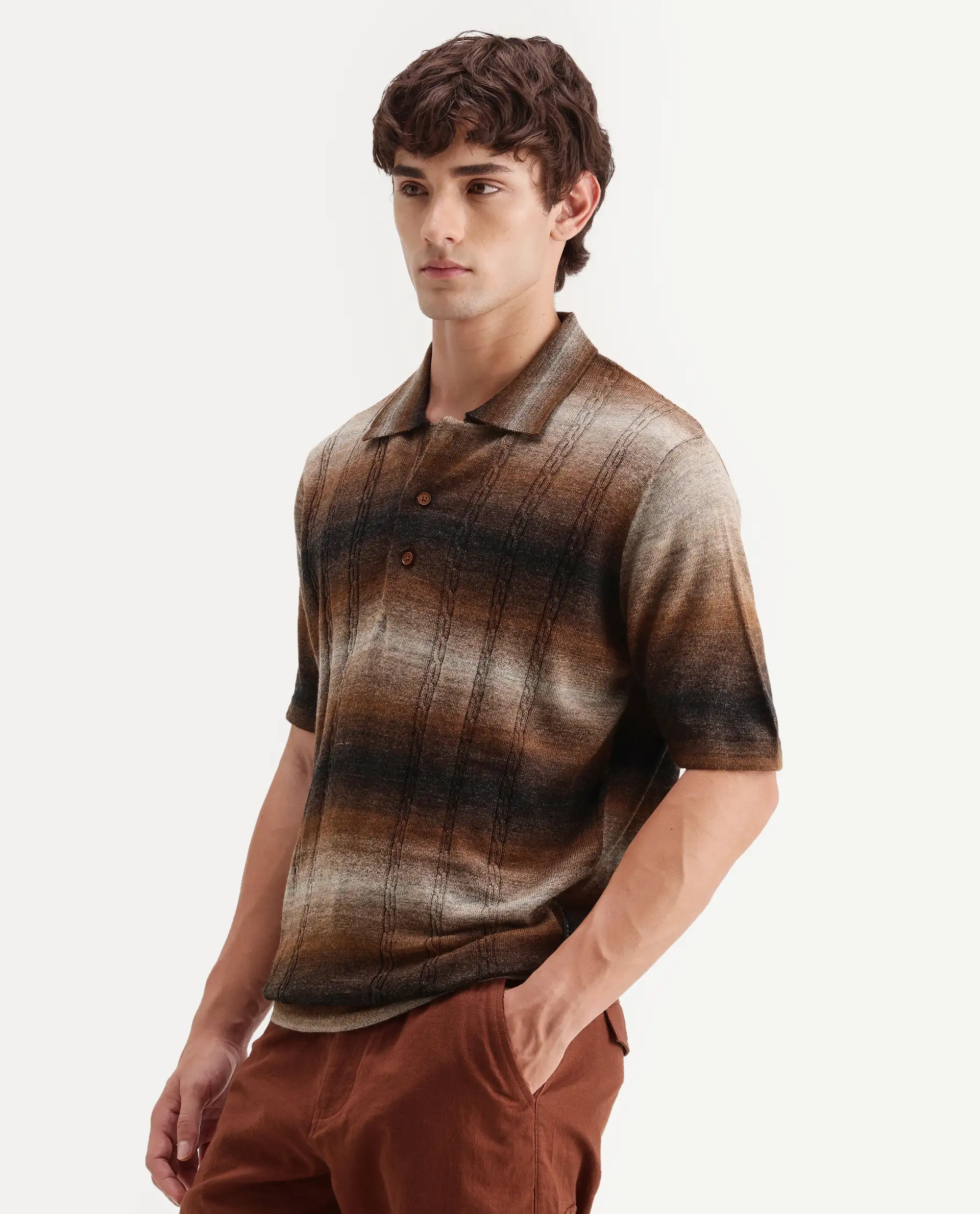 Rare Rabbit Men's Grao Multi-3 Cotton Spread Collar Button Regular Fit Striped Polo - Image 6