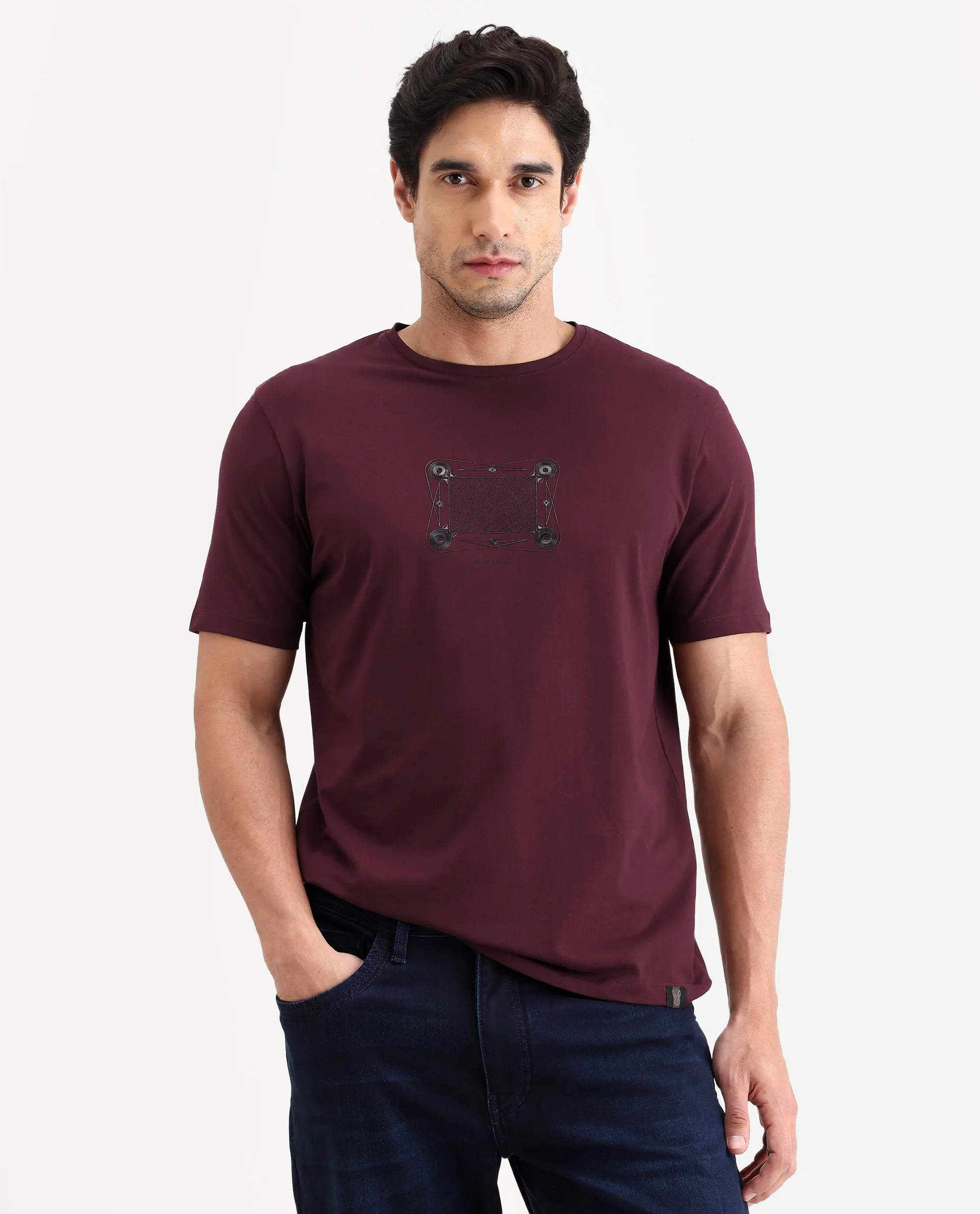 Rare Rabbit Men's Grap Maroon Cotton Blend Fabric Half Sleeve Crew Neck Regular Fit Graphic Print T-Shirt