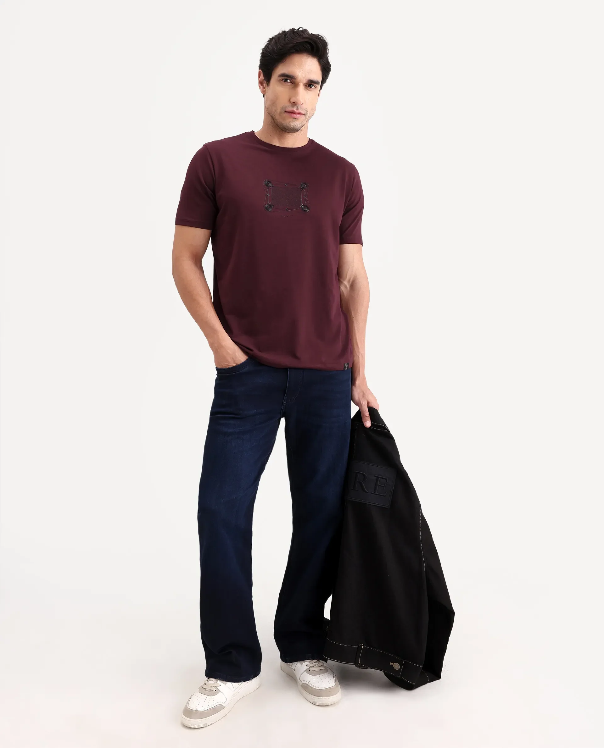 Rare Rabbit Men's Grap Maroon Cotton Blend Fabric Half Sleeve Crew Neck Regular Fit Graphic Print T-Shirt - Image 2