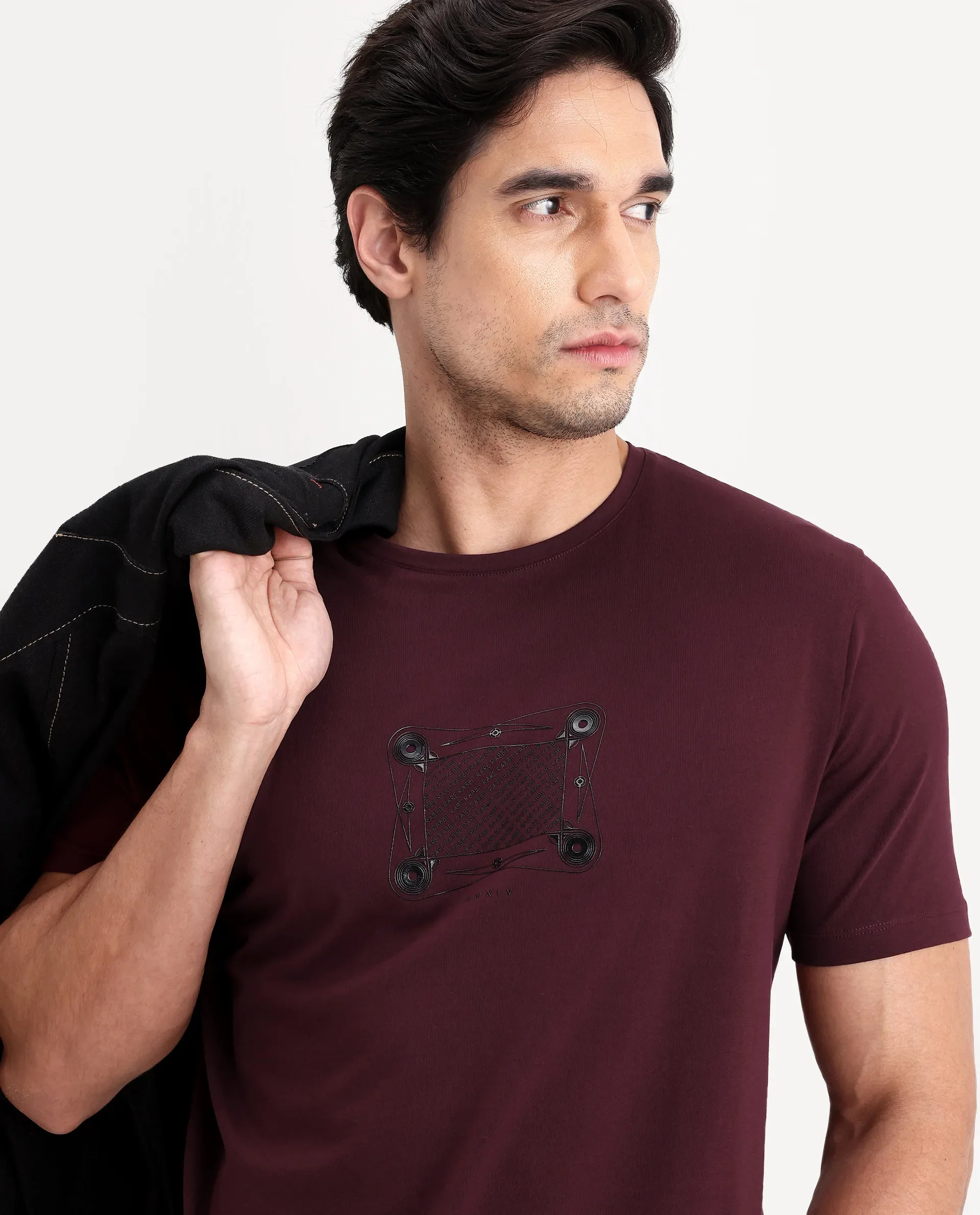 Rare Rabbit Men's Grap Maroon Cotton Blend Fabric Half Sleeve Crew Neck Regular Fit Graphic Print T-Shirt - Image 3