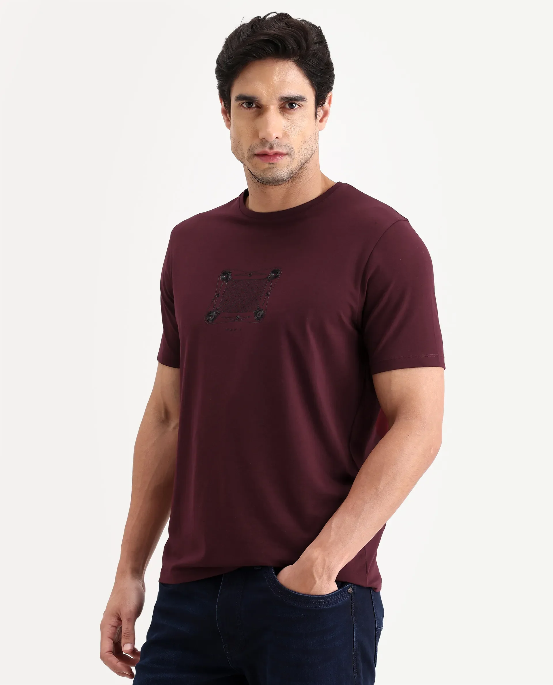 Rare Rabbit Men's Grap Maroon Cotton Blend Fabric Half Sleeve Crew Neck Regular Fit Graphic Print T-Shirt - Image 4