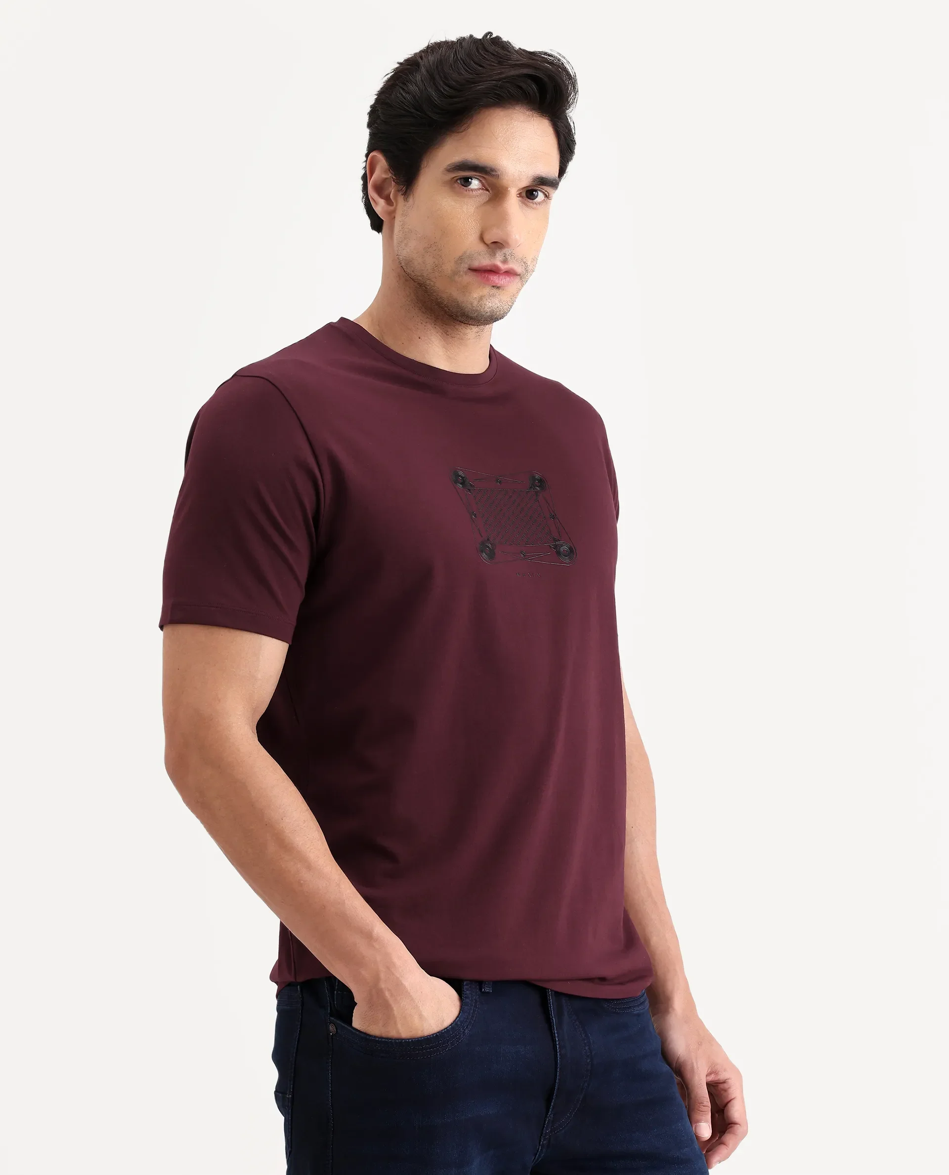 Rare Rabbit Men's Grap Maroon Cotton Blend Fabric Half Sleeve Crew Neck Regular Fit Graphic Print T-Shirt - Image 5