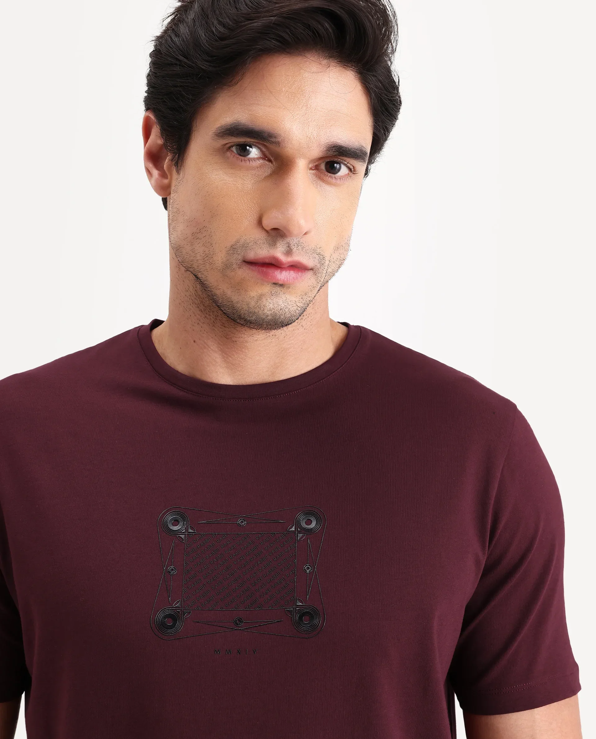 Rare Rabbit Men's Grap Maroon Cotton Blend Fabric Half Sleeve Crew Neck Regular Fit Graphic Print T-Shirt - Image 6