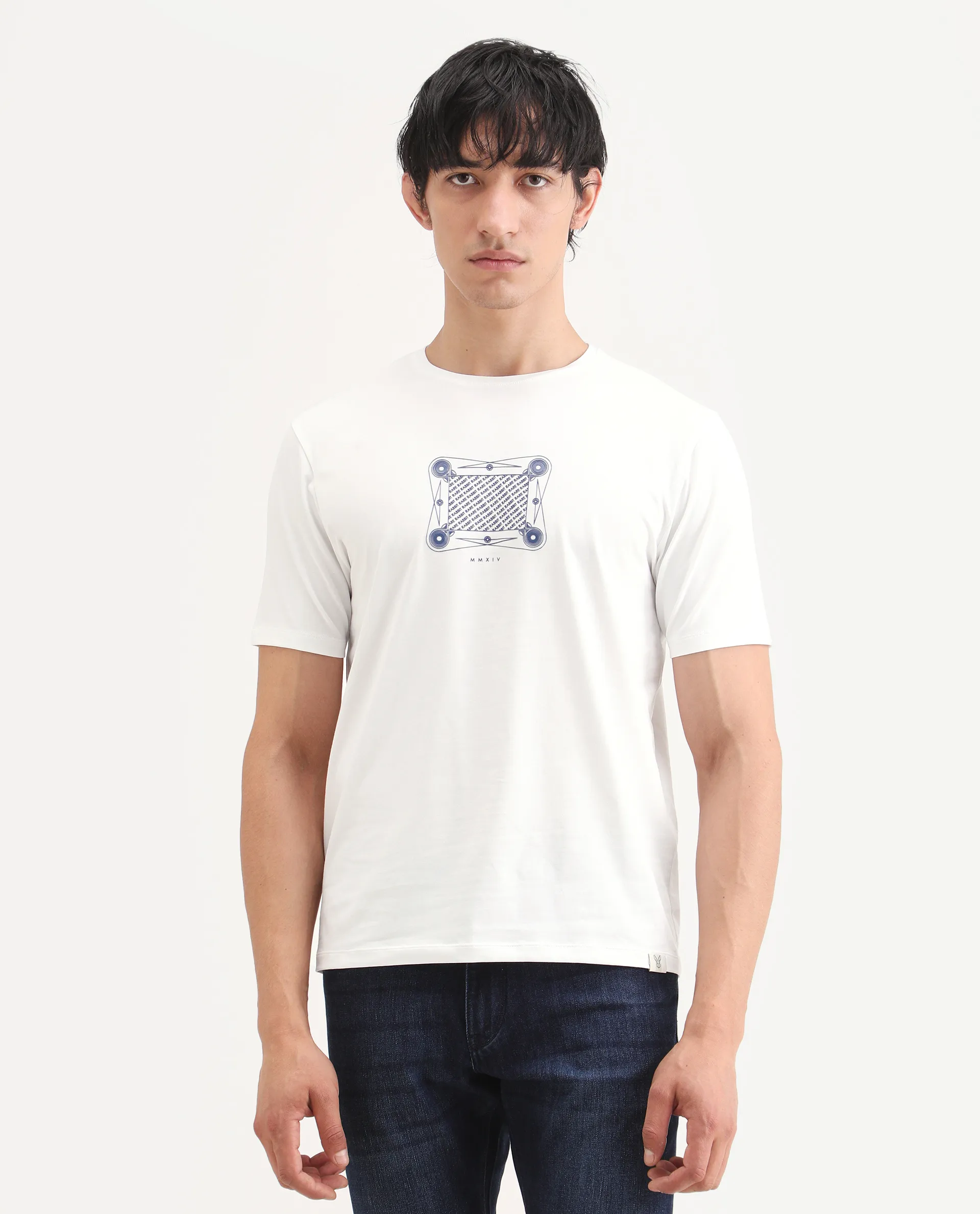 Rare Rabbit Men's Grap White Cotton Blend Fabric Half Sleeve Crew Neck Regular Fit Graphic Print T-Shirt - Image 3