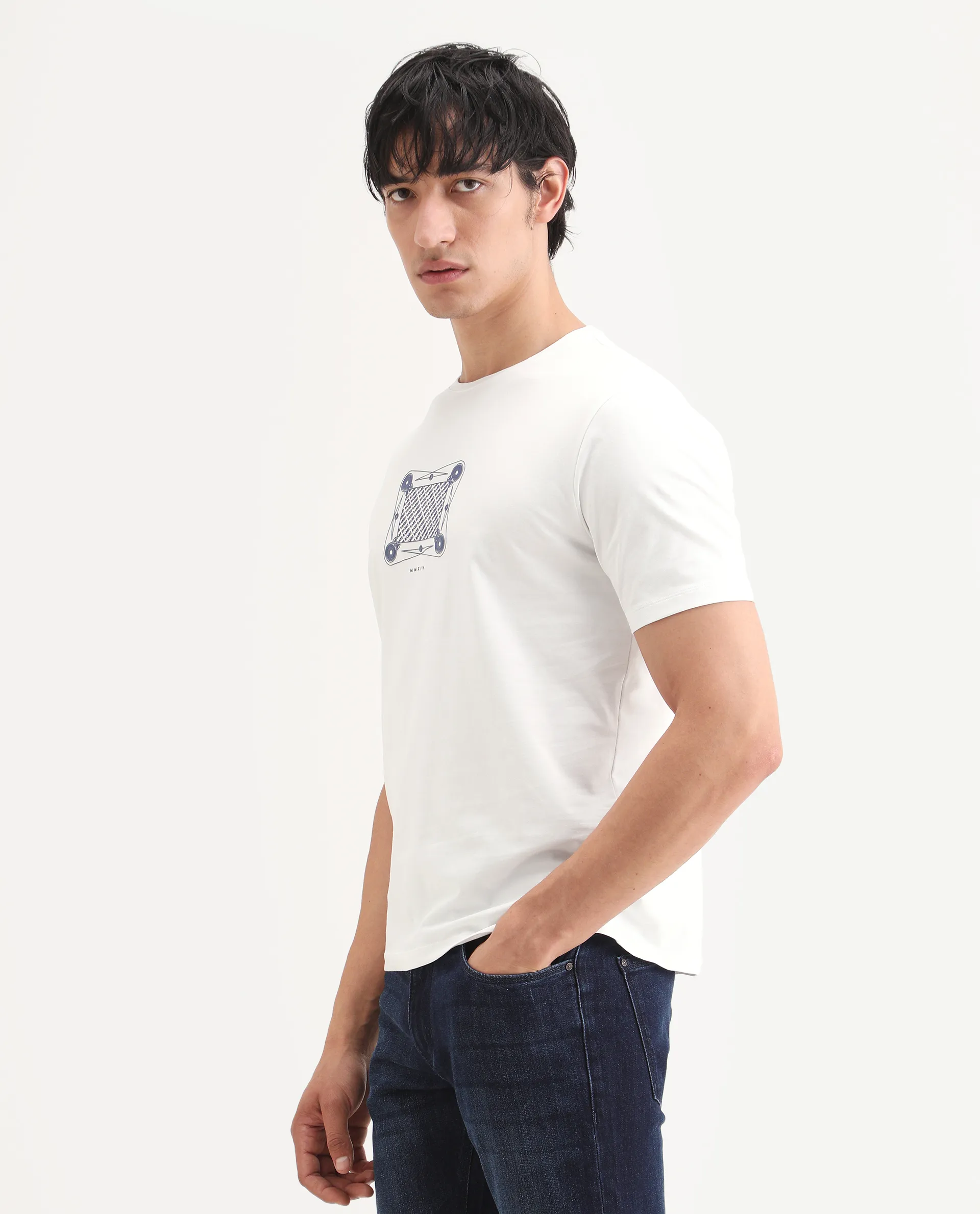 Rare Rabbit Men's Grap White Cotton Blend Fabric Half Sleeve Crew Neck Regular Fit Graphic Print T-Shirt - Image 5