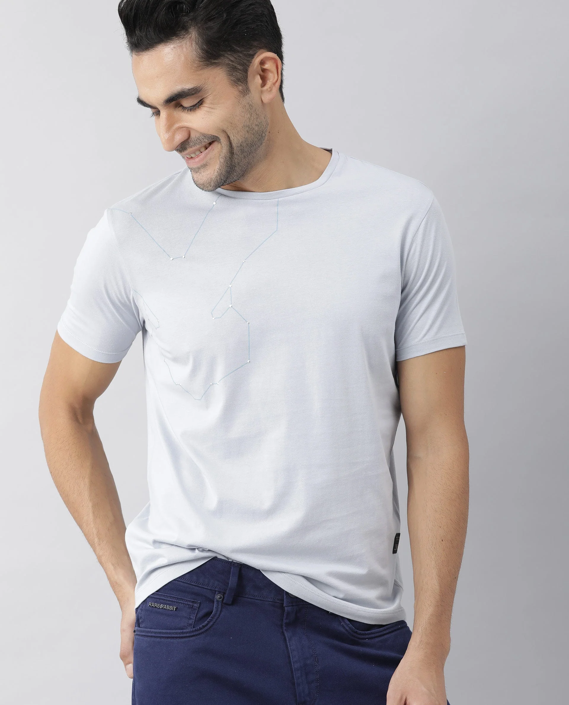 Rare Rabbit Men's Graph Blue Cotton Graphic Print Slim Fit Half Sleeve Crew Neck T-Shirt - Image 10