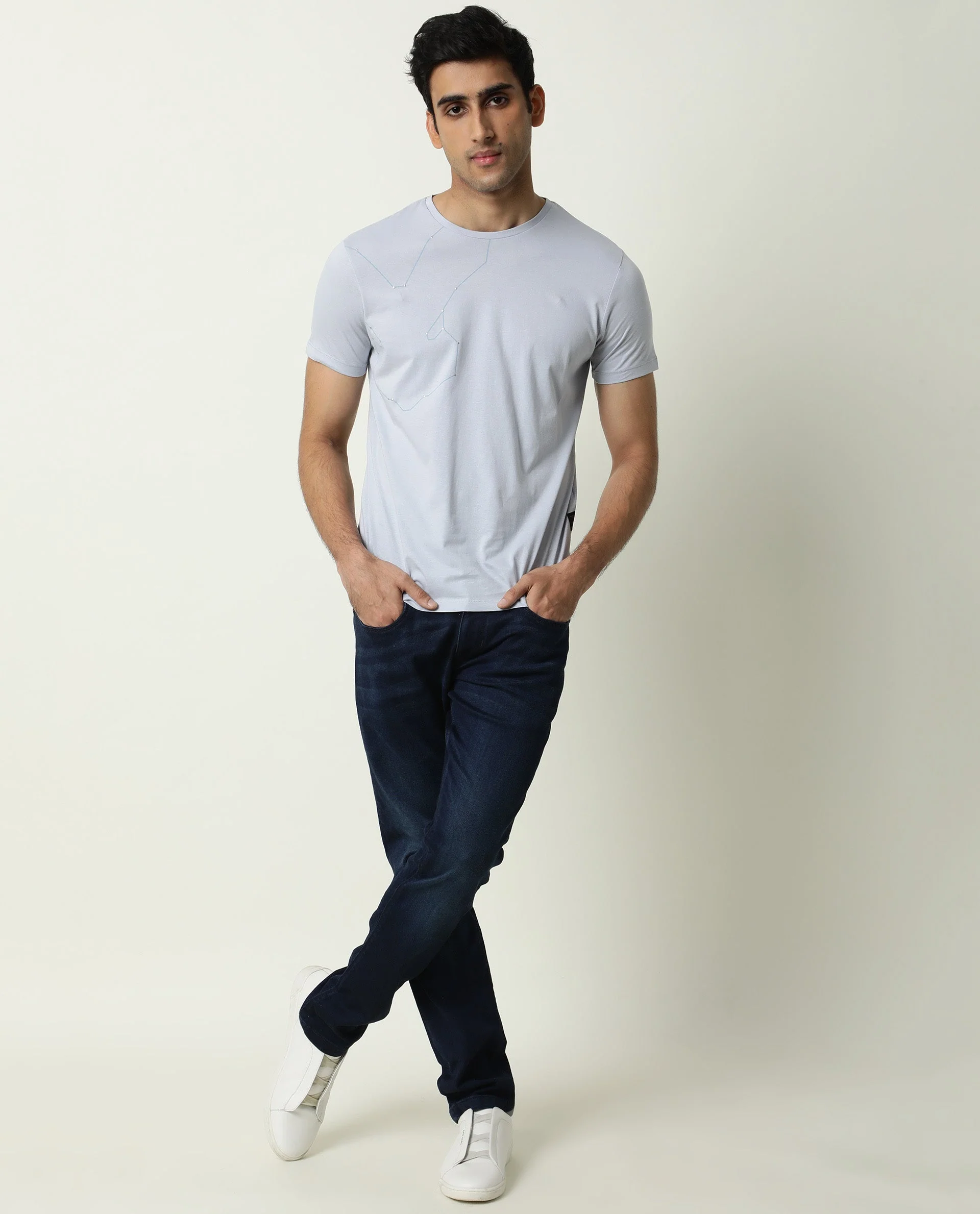 Rare Rabbit Men's Graph Blue Cotton Graphic Print Slim Fit Half Sleeve Crew Neck T-Shirt - Image 14