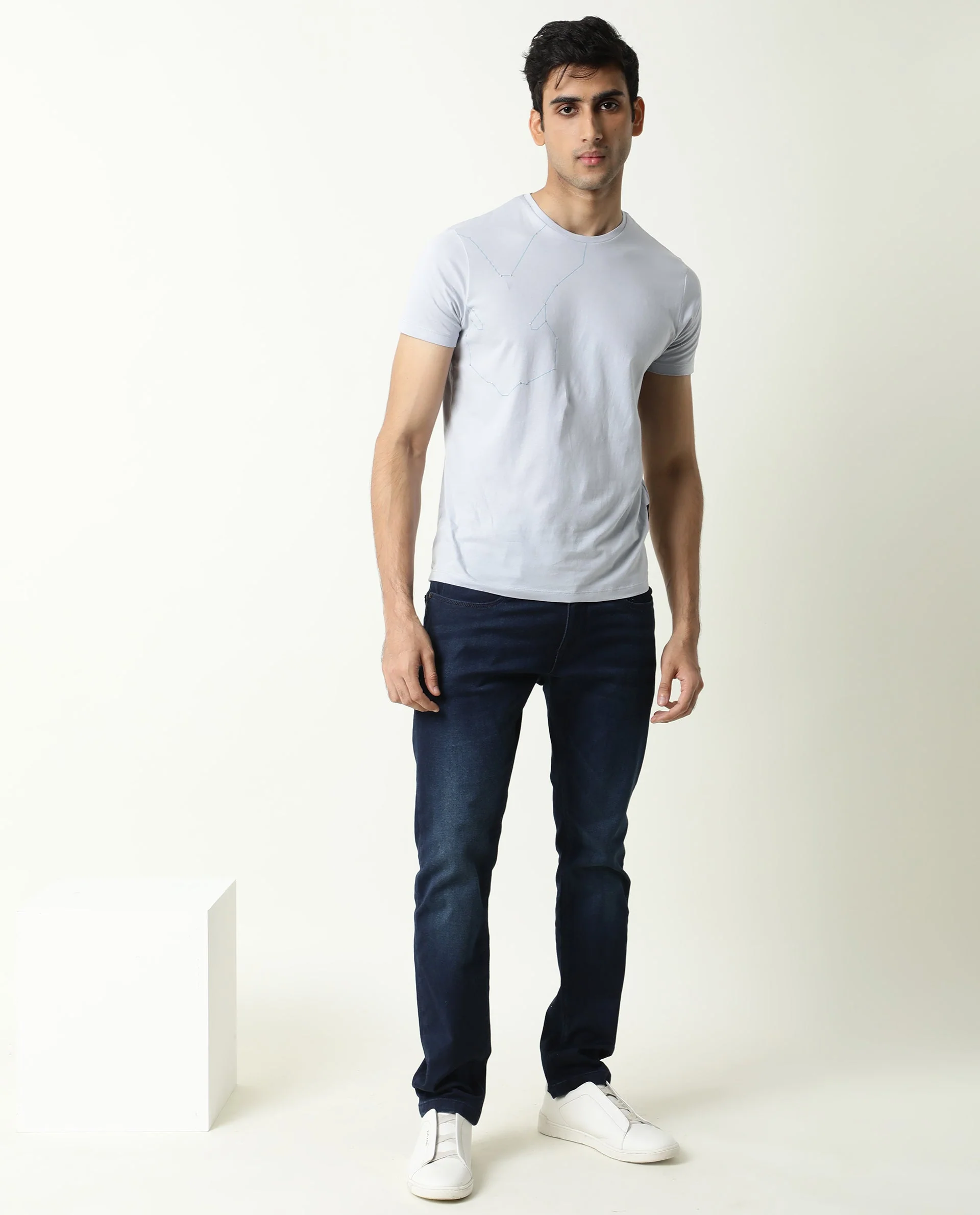 Rare Rabbit Men's Graph Blue Cotton Graphic Print Slim Fit Half Sleeve Crew Neck T-Shirt - Image 17