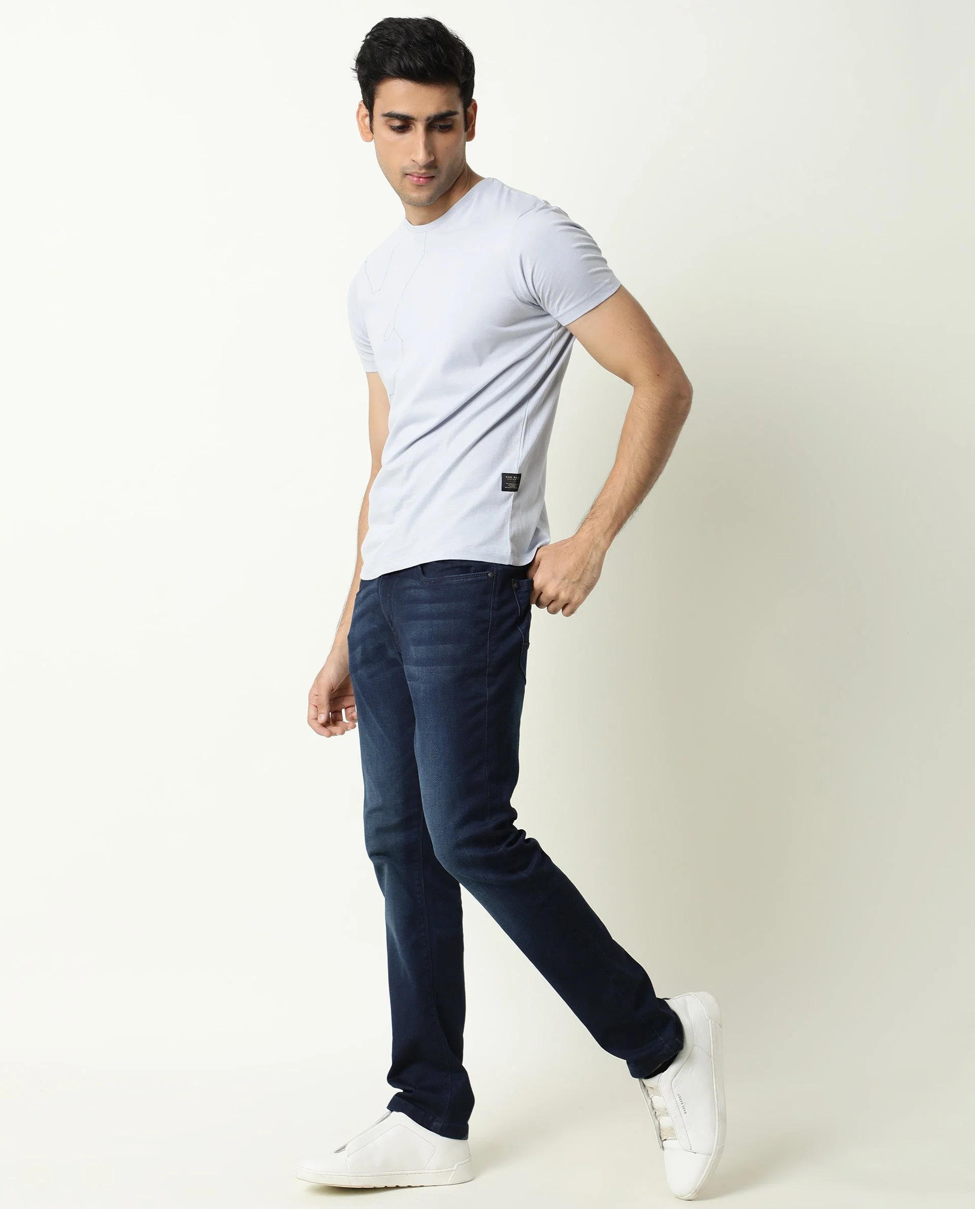 Rare Rabbit Men's Graph Blue Cotton Graphic Print Slim Fit Half Sleeve Crew Neck T-Shirt - Image 19