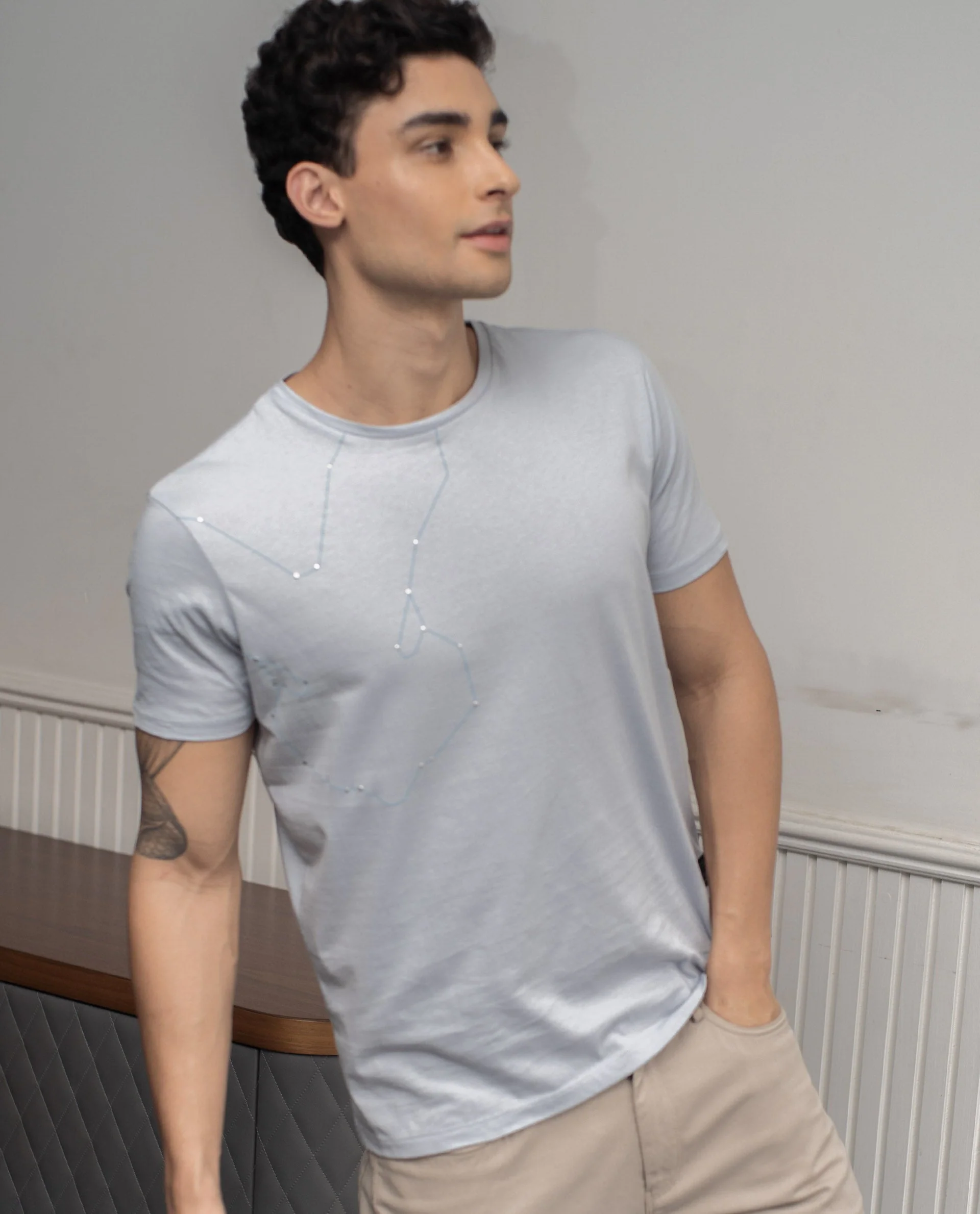 Rare Rabbit Men's Graph Blue Cotton Graphic Print Slim Fit Half Sleeve Crew Neck T-Shirt - Image 3
