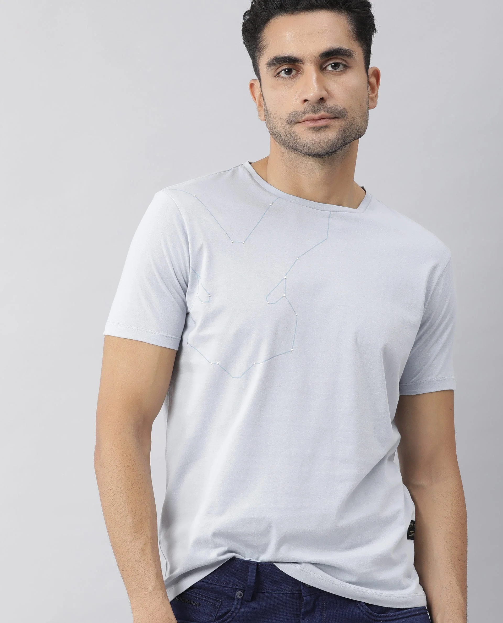 Rare Rabbit Men's Graph Blue Cotton Graphic Print Slim Fit Half Sleeve Crew Neck T-Shirt - Image 9