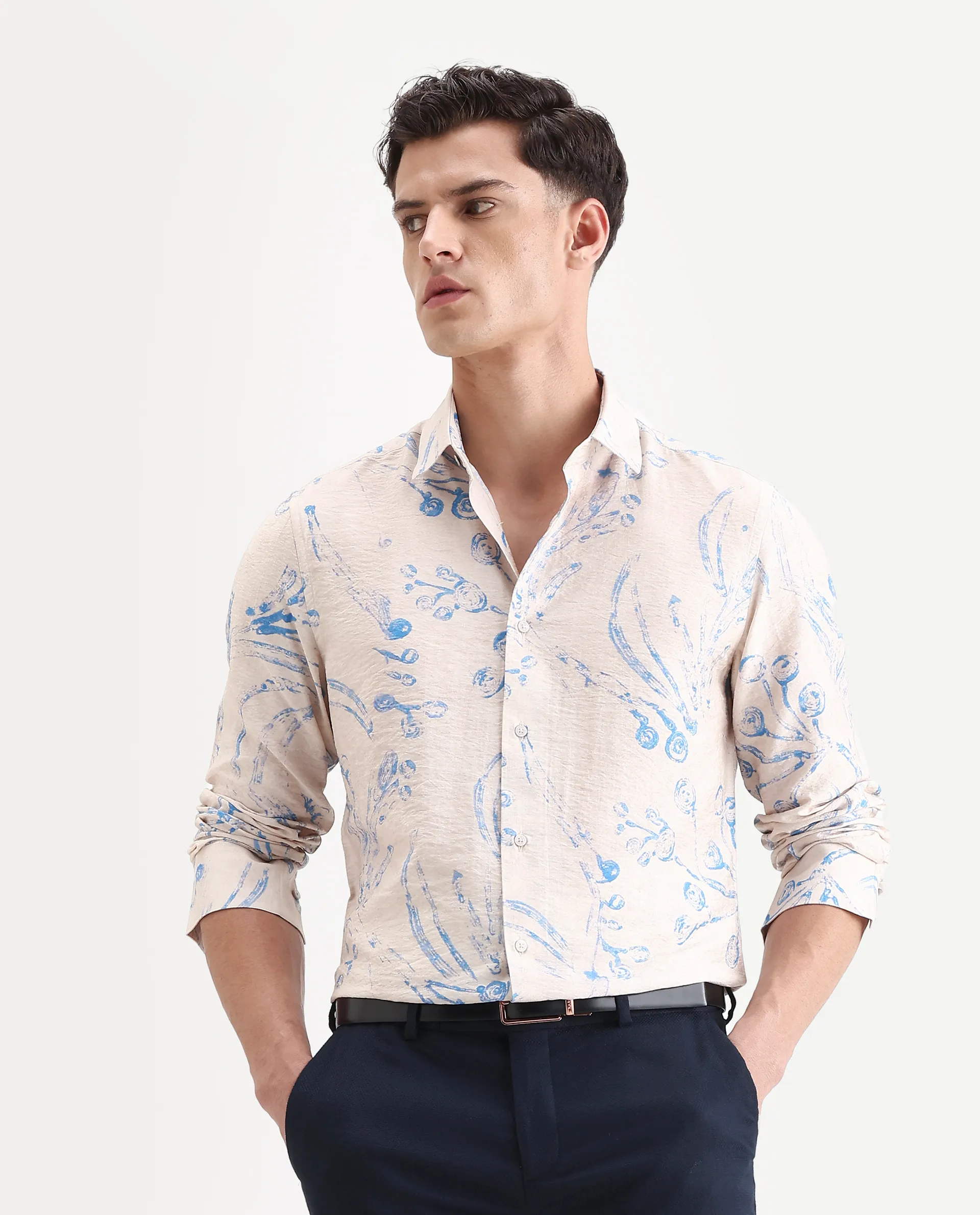 Rare Rabbit Men's Grat Light Beige Viscose Blend Fabric Collared Neck Regular Abstract Print Shirt