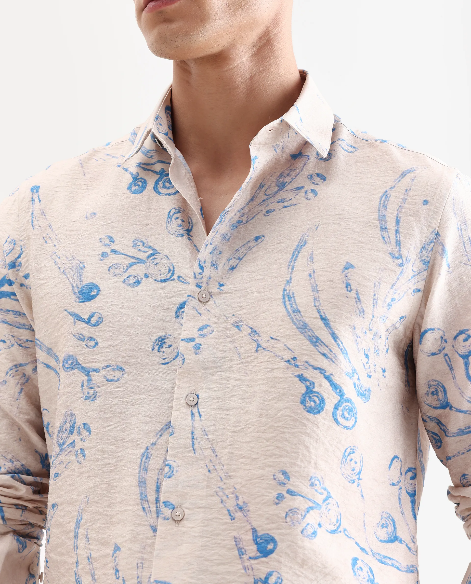 Rare Rabbit Men's Grat Light Beige Viscose Blend Fabric Collared Neck Regular Abstract Print Shirt - Image 3