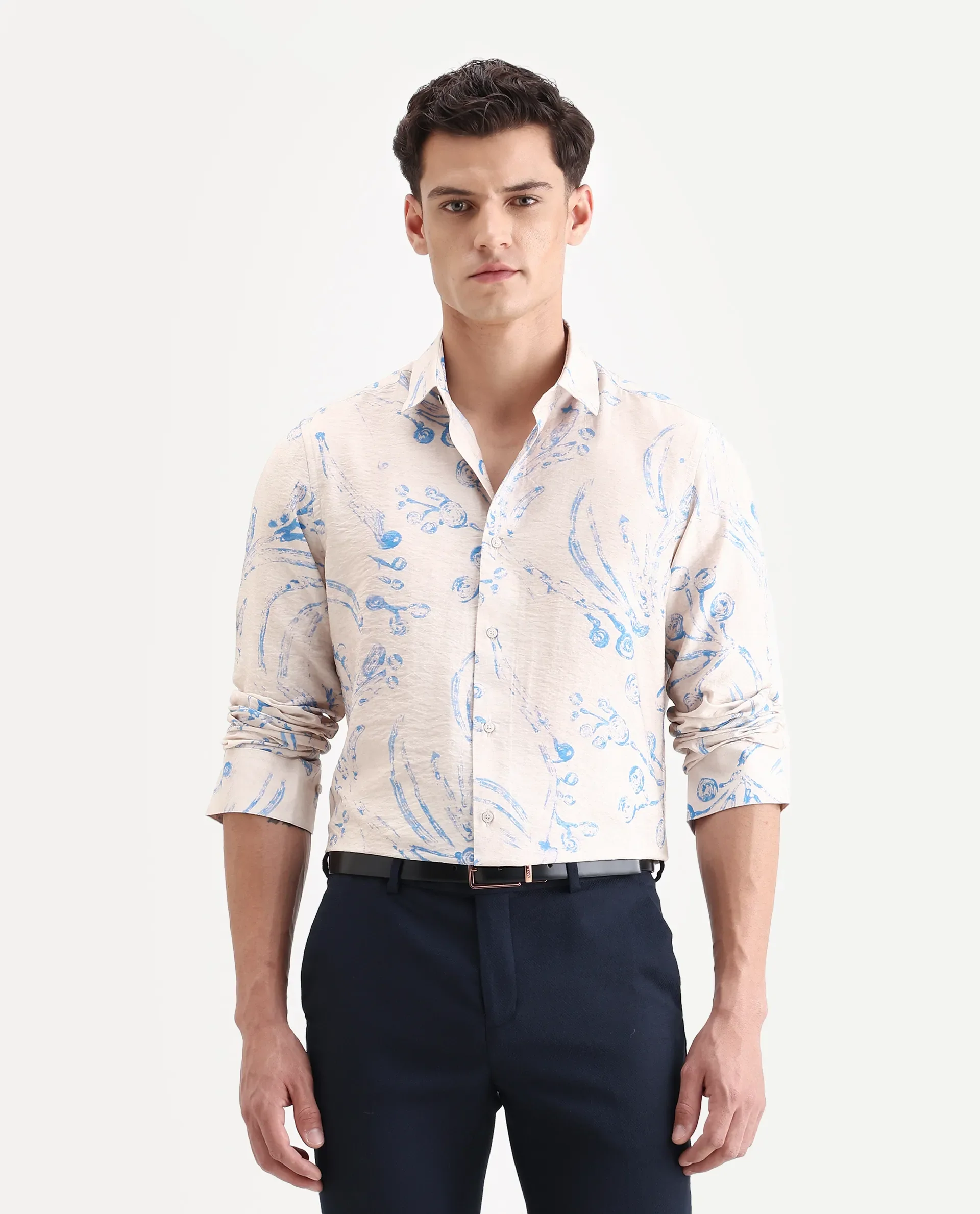 Rare Rabbit Men's Grat Light Beige Viscose Blend Fabric Collared Neck Regular Abstract Print Shirt - Image 4