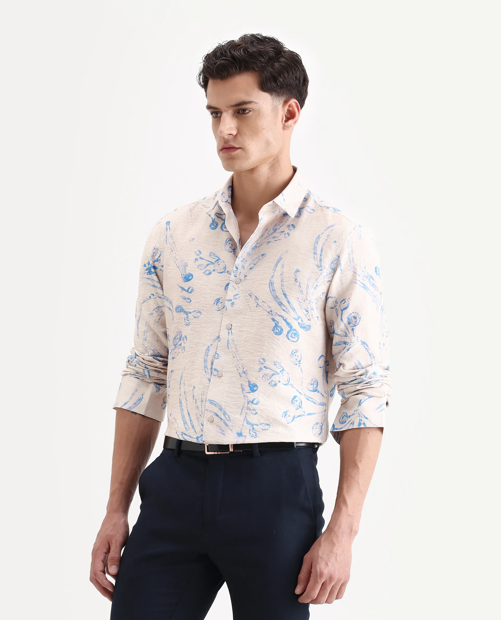 Rare Rabbit Men's Grat Light Beige Viscose Blend Fabric Collared Neck Regular Abstract Print Shirt - Image 5