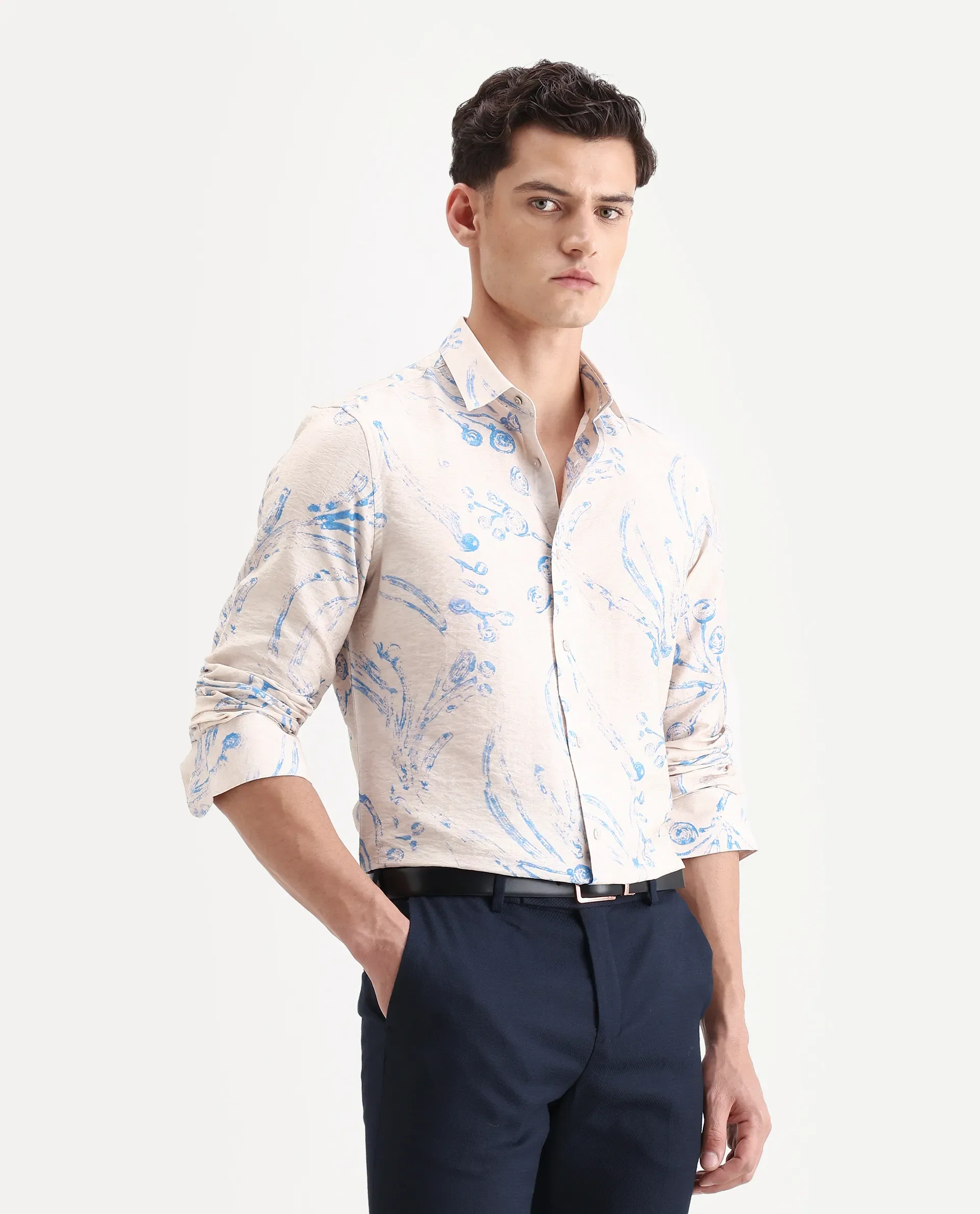 Rare Rabbit Men's Grat Light Beige Viscose Blend Fabric Collared Neck Regular Abstract Print Shirt - Image 6