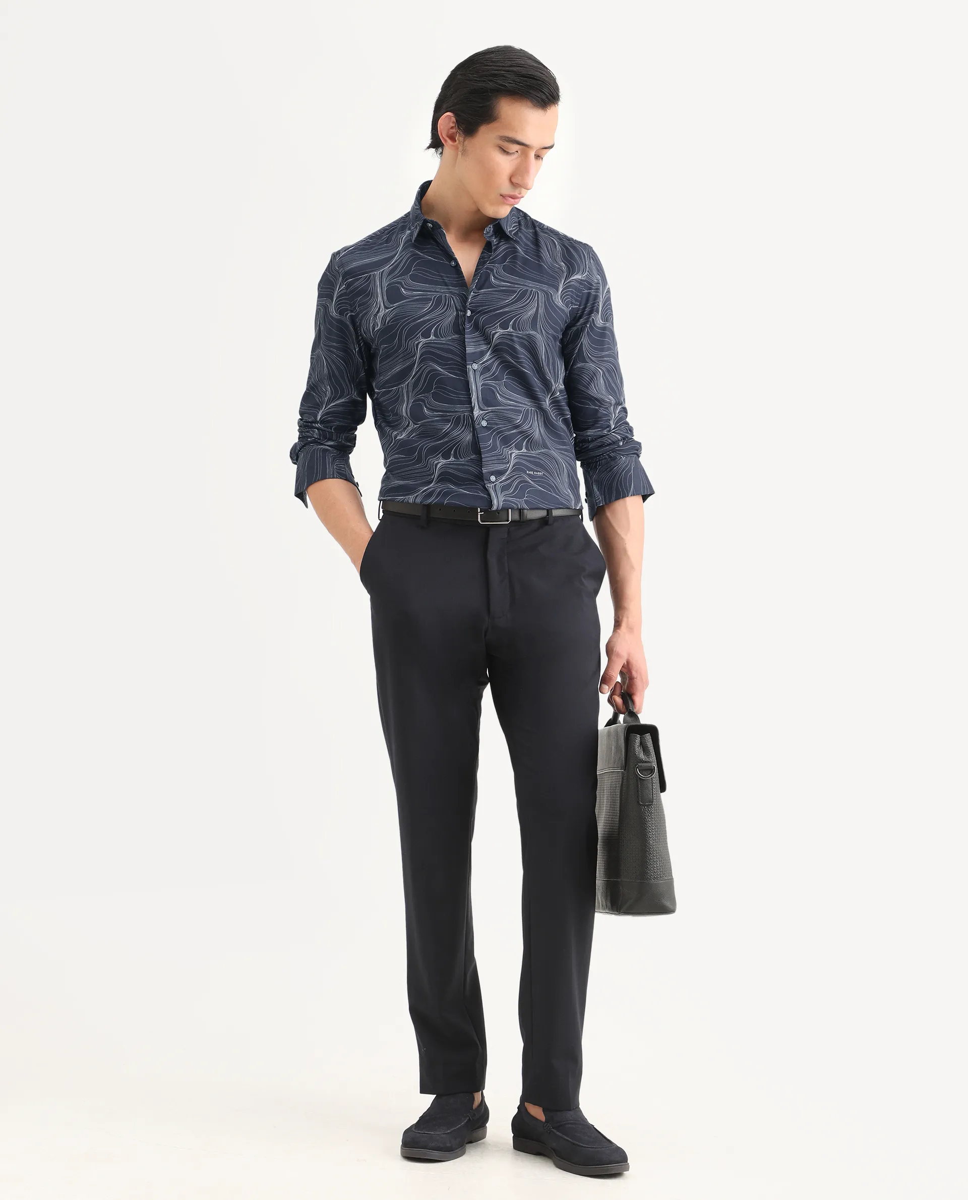 Rare Rabbit Men's Gravel Navy Viscose Abstract Print Regular Fit Full Sleeve Collared Shirt - Image 2