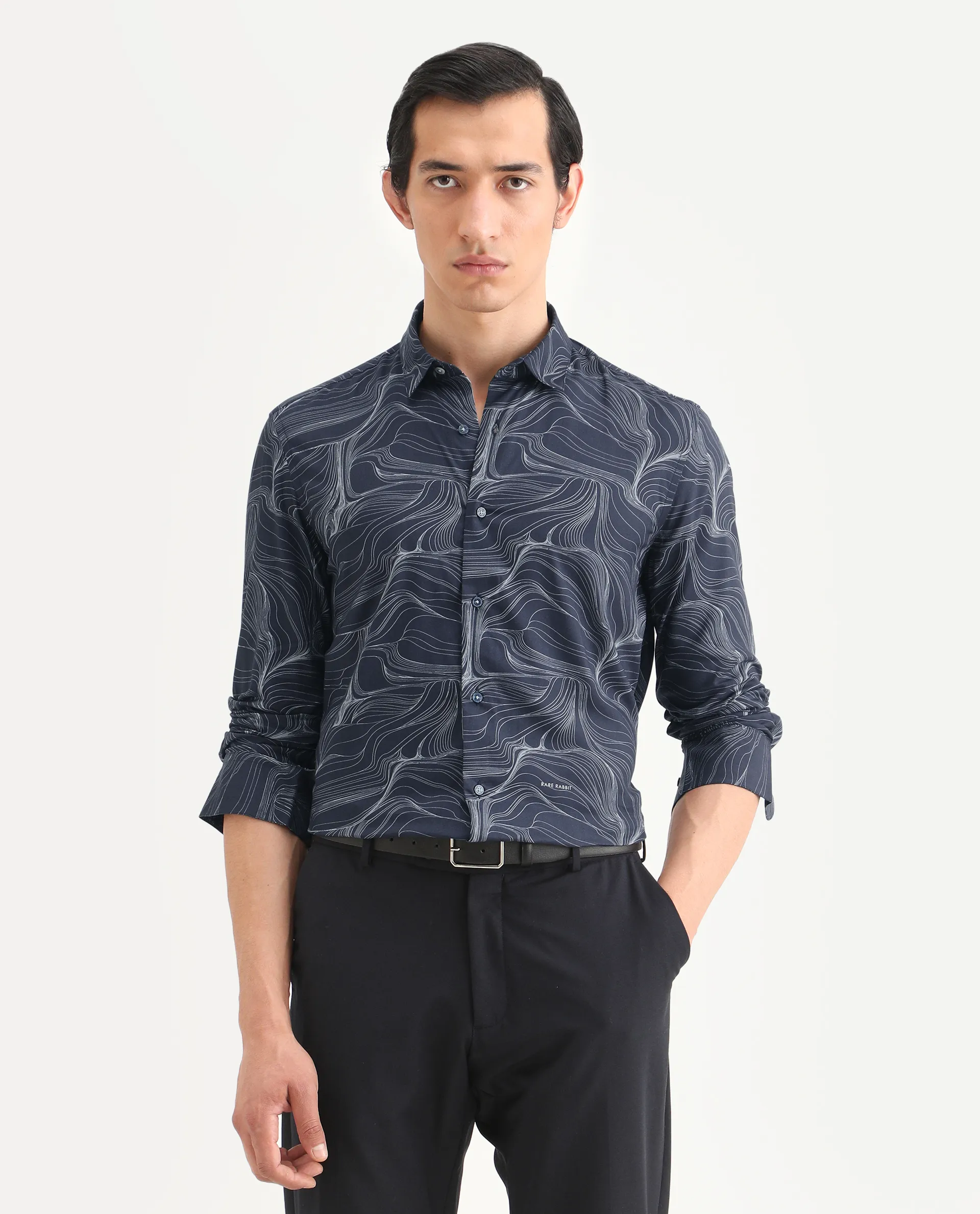 Rare Rabbit Men's Gravel Navy Viscose Abstract Print Regular Fit Full Sleeve Collared Shirt - Image 3