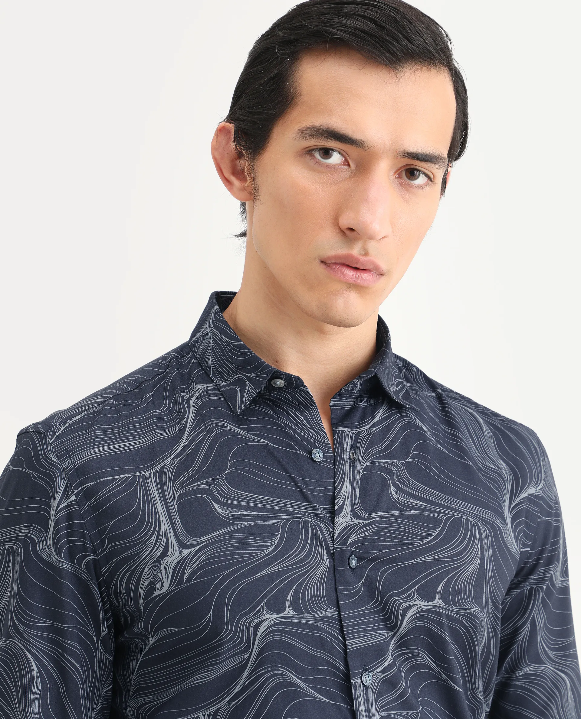 Rare Rabbit Men's Gravel Navy Viscose Abstract Print Regular Fit Full Sleeve Collared Shirt - Image 4
