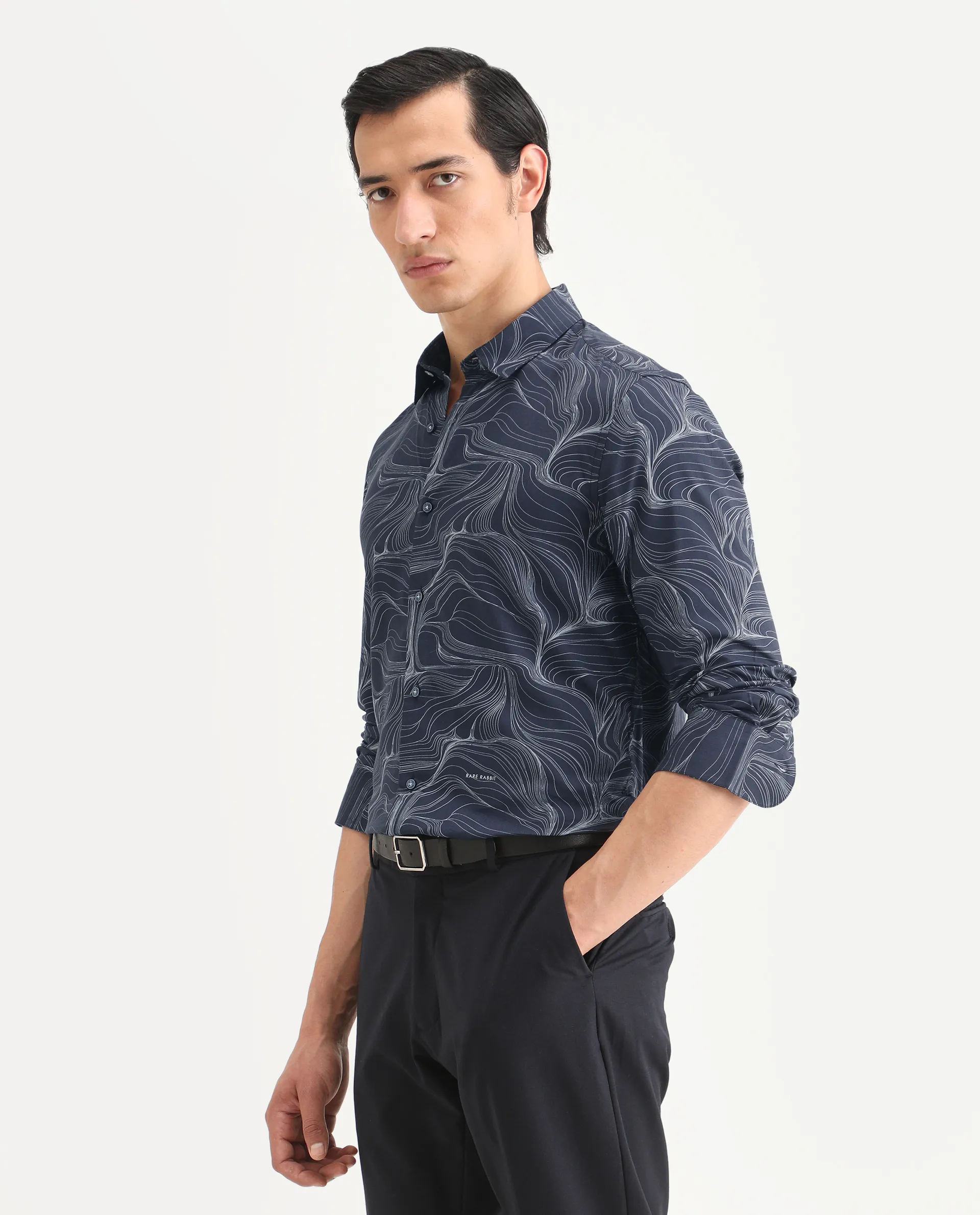 Rare Rabbit Men's Gravel Navy Viscose Abstract Print Regular Fit Full Sleeve Collared Shirt - Image 5