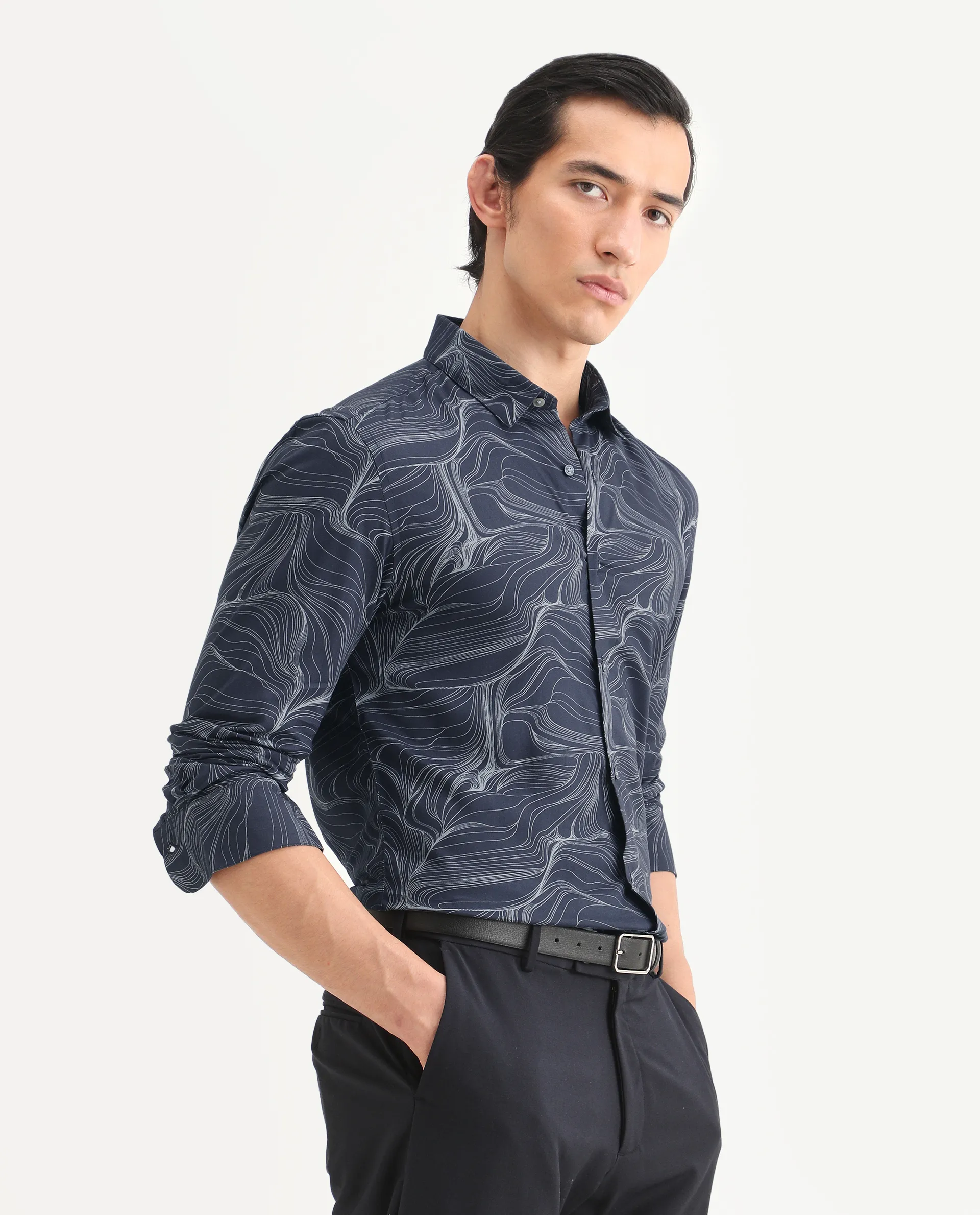 Rare Rabbit Men's Gravel Navy Viscose Abstract Print Regular Fit Full Sleeve Collared Shirt - Image 6