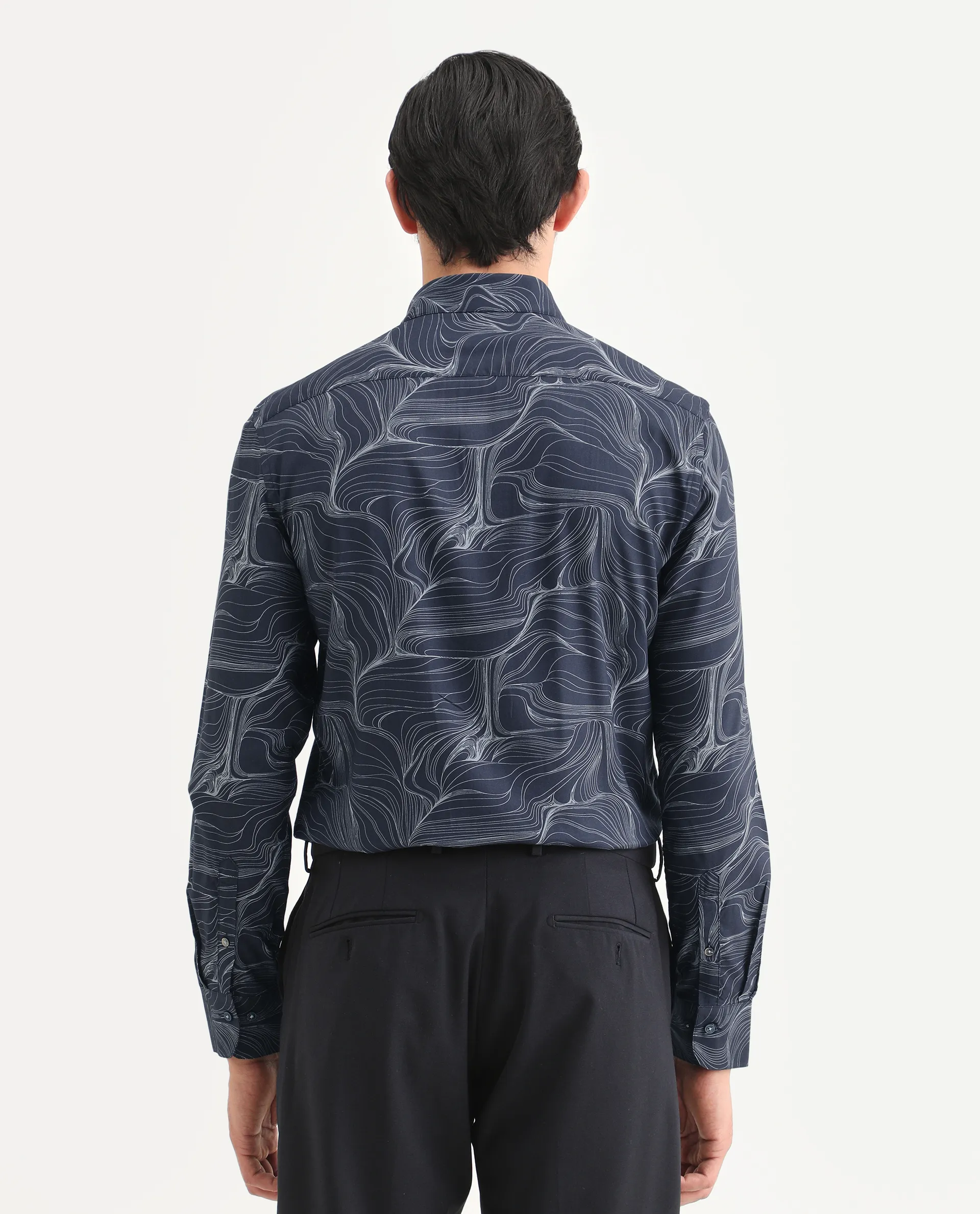 Rare Rabbit Men's Gravel Navy Viscose Abstract Print Regular Fit Full Sleeve Collared Shirt - Image 7