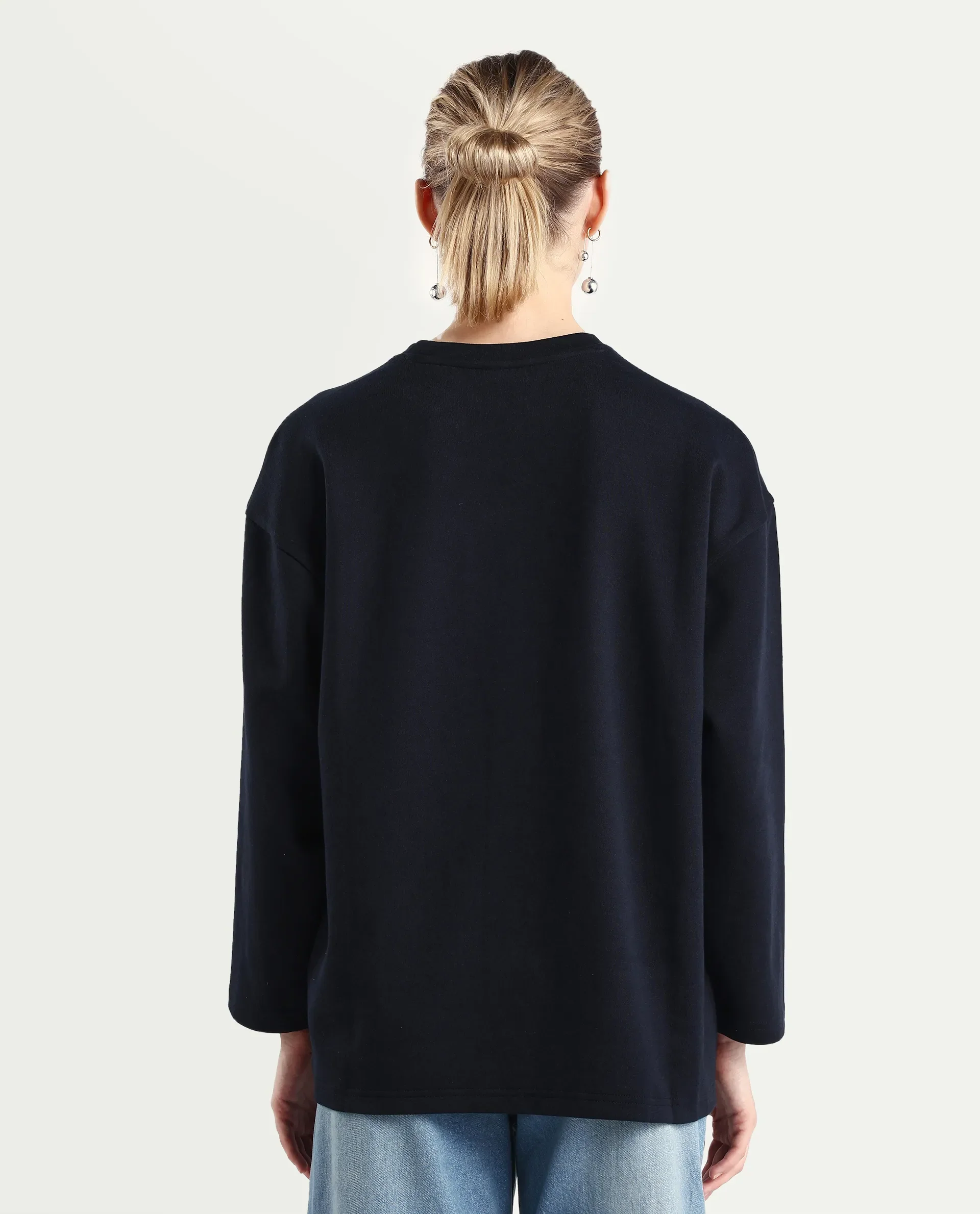 Rareism Women's Gravity Black Cotton Blend Crew Neck Plain Hip Length Relaxed Fit Sweatshirt - Image 7