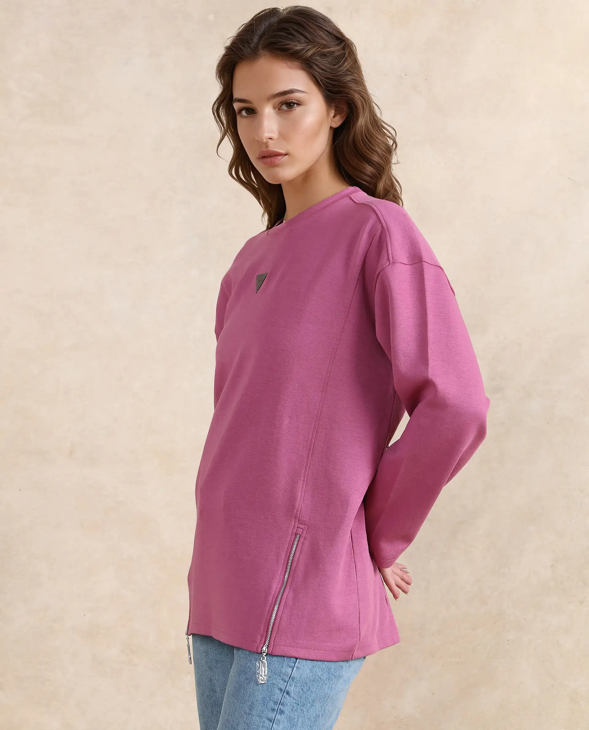 Rareism Women's Gravity Pink Cotton Blend Crew Neck Plain Hip Length Relaxed Fit Sweatshirt