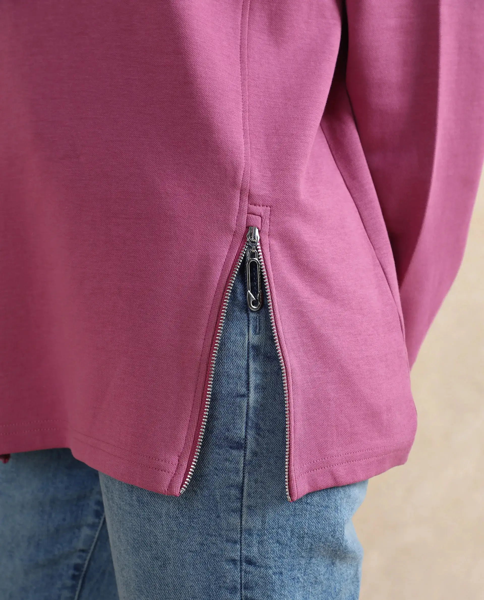 Rareism Women's Gravity Pink Cotton Blend Crew Neck Plain Hip Length Relaxed Fit Sweatshirt - Image 2