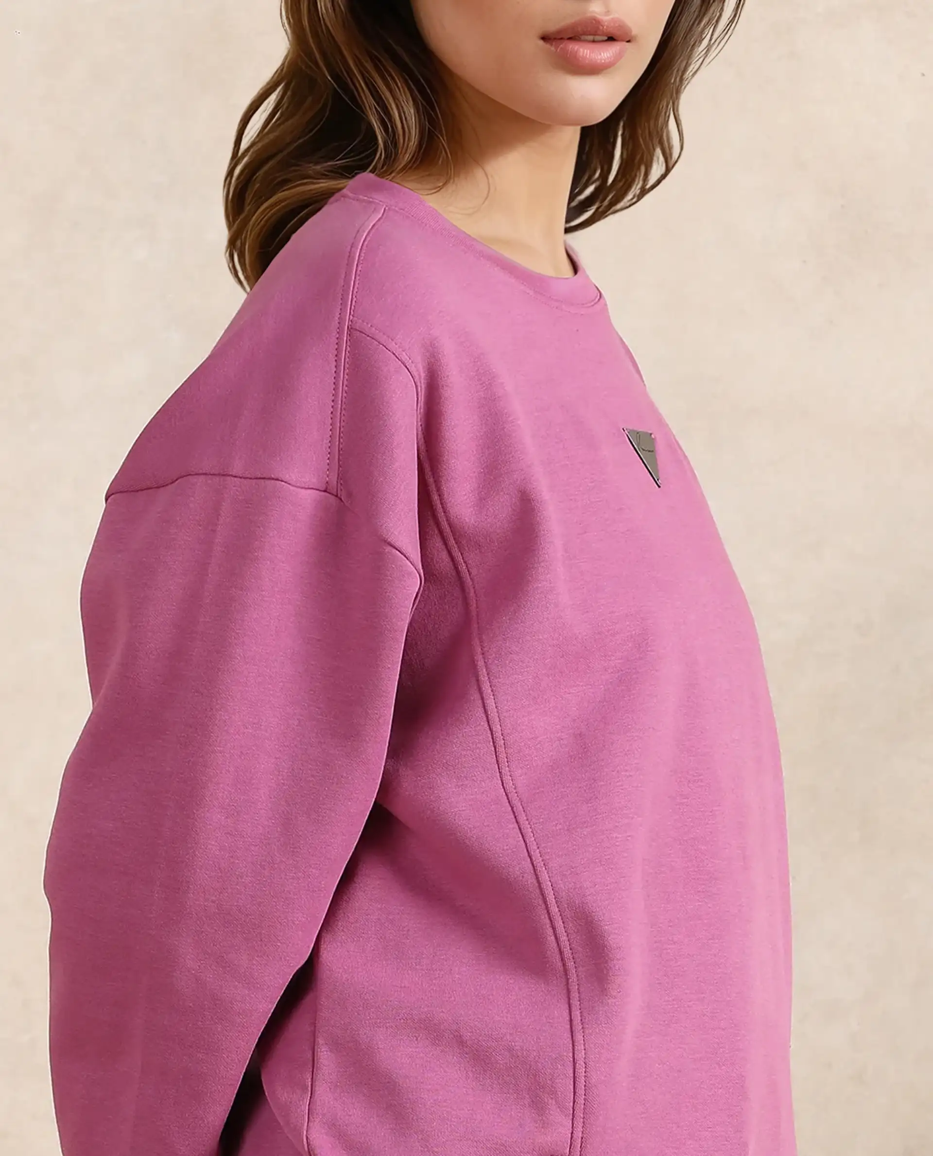 Rareism Women's Gravity Pink Cotton Blend Crew Neck Plain Hip Length Relaxed Fit Sweatshirt - Image 3