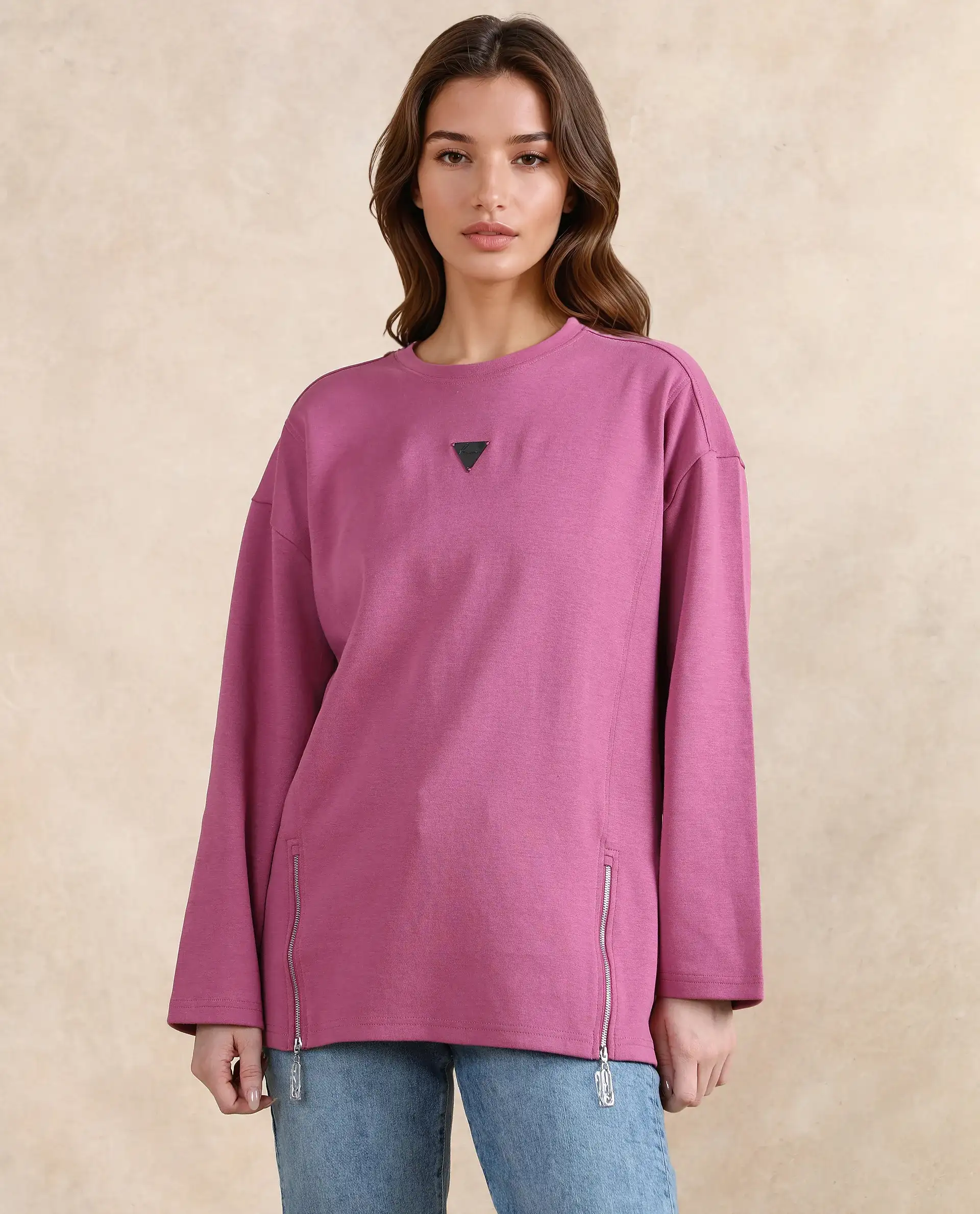 Rareism Women's Gravity Pink Cotton Blend Crew Neck Plain Hip Length Relaxed Fit Sweatshirt - Image 4