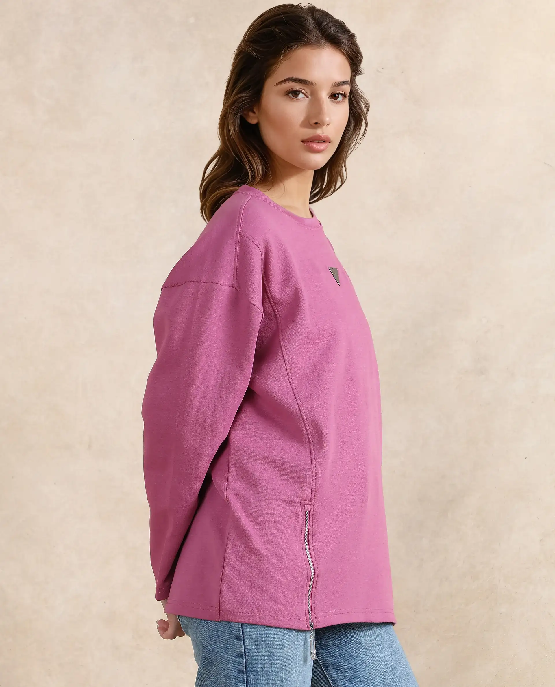 Rareism Women's Gravity Pink Cotton Blend Crew Neck Plain Hip Length Relaxed Fit Sweatshirt - Image 5