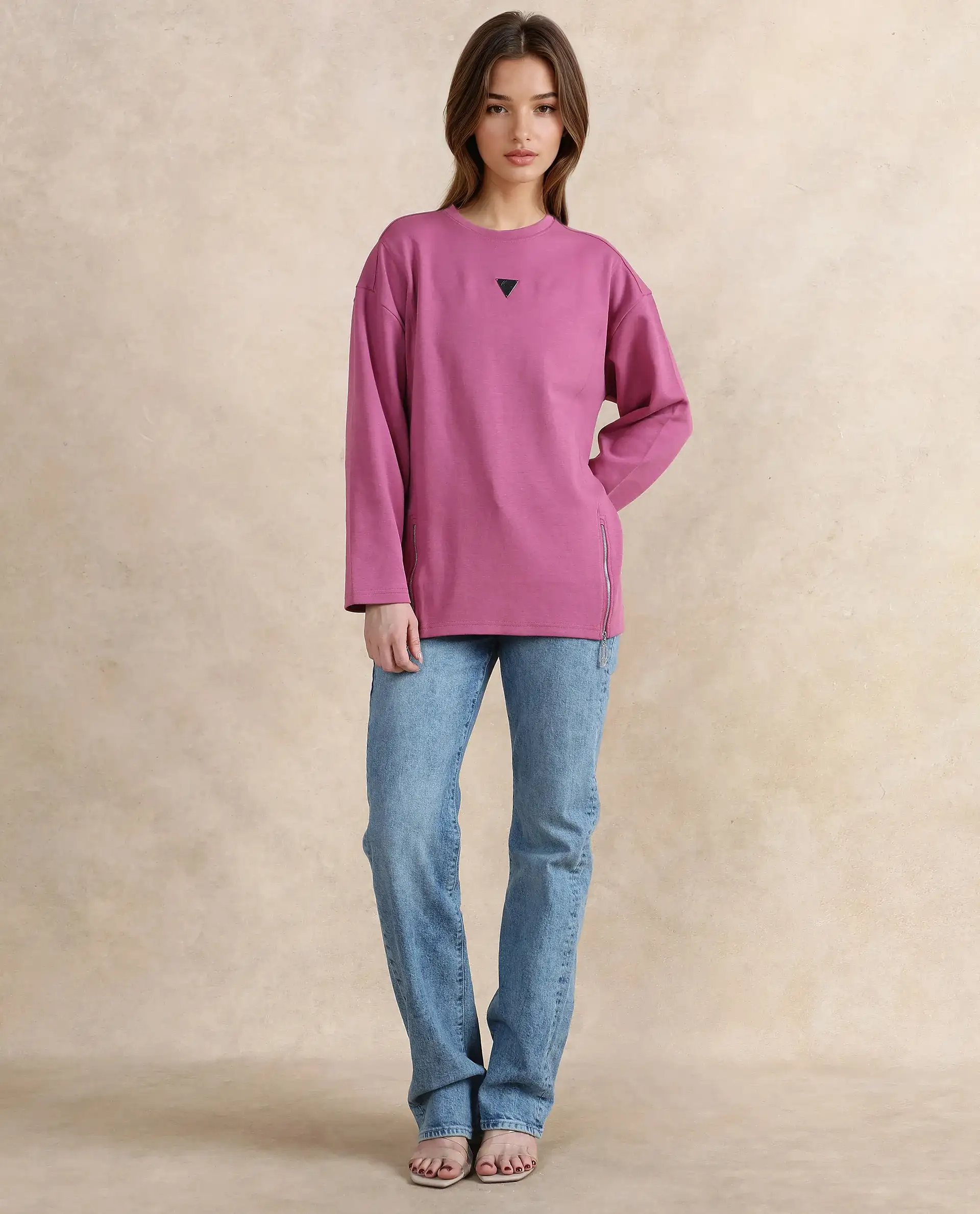 Rareism Women's Gravity Pink Cotton Blend Crew Neck Plain Hip Length Relaxed Fit Sweatshirt - Image 7