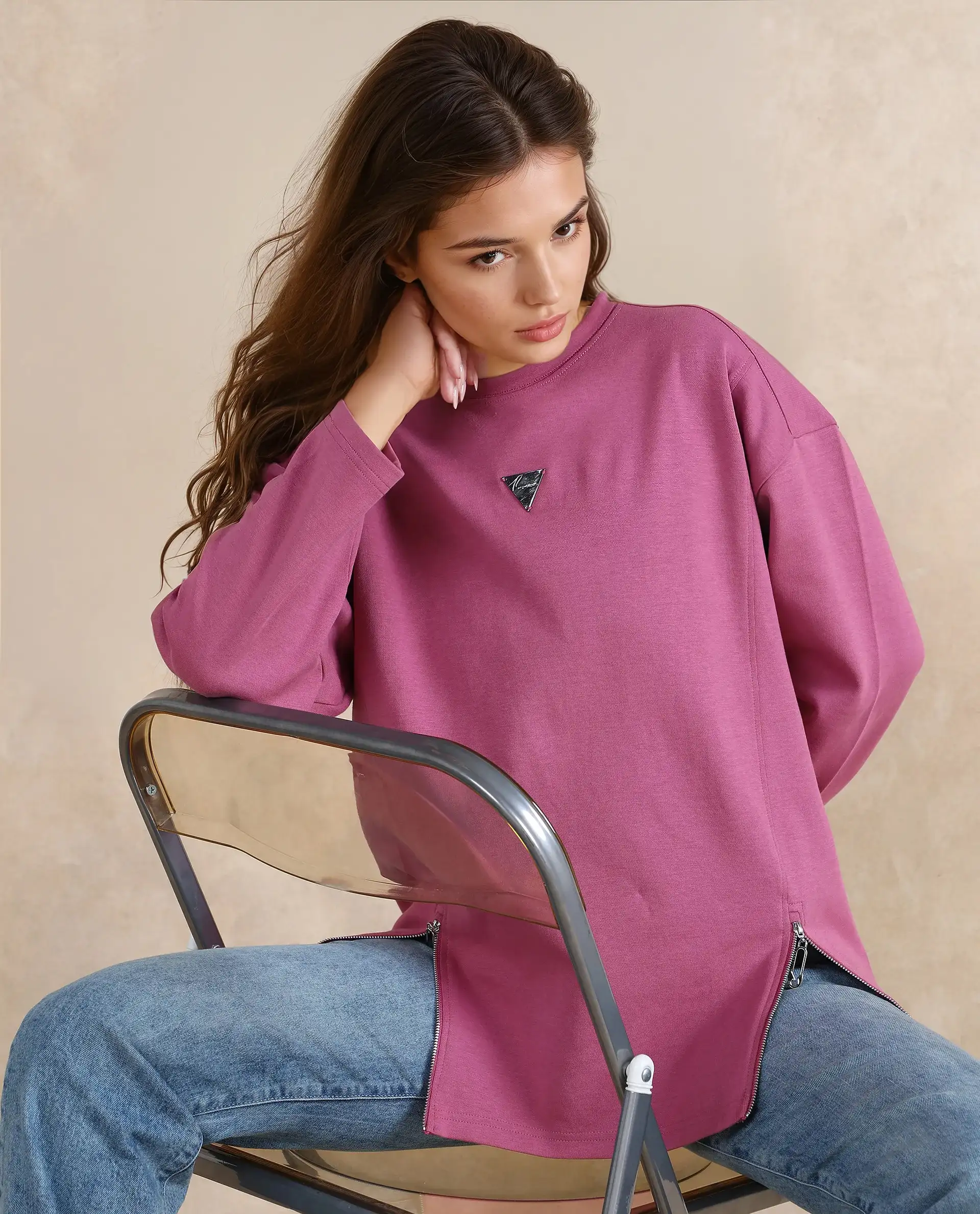Rareism Women's Gravity Pink Cotton Blend Crew Neck Plain Hip Length Relaxed Fit Sweatshirt - Image 8