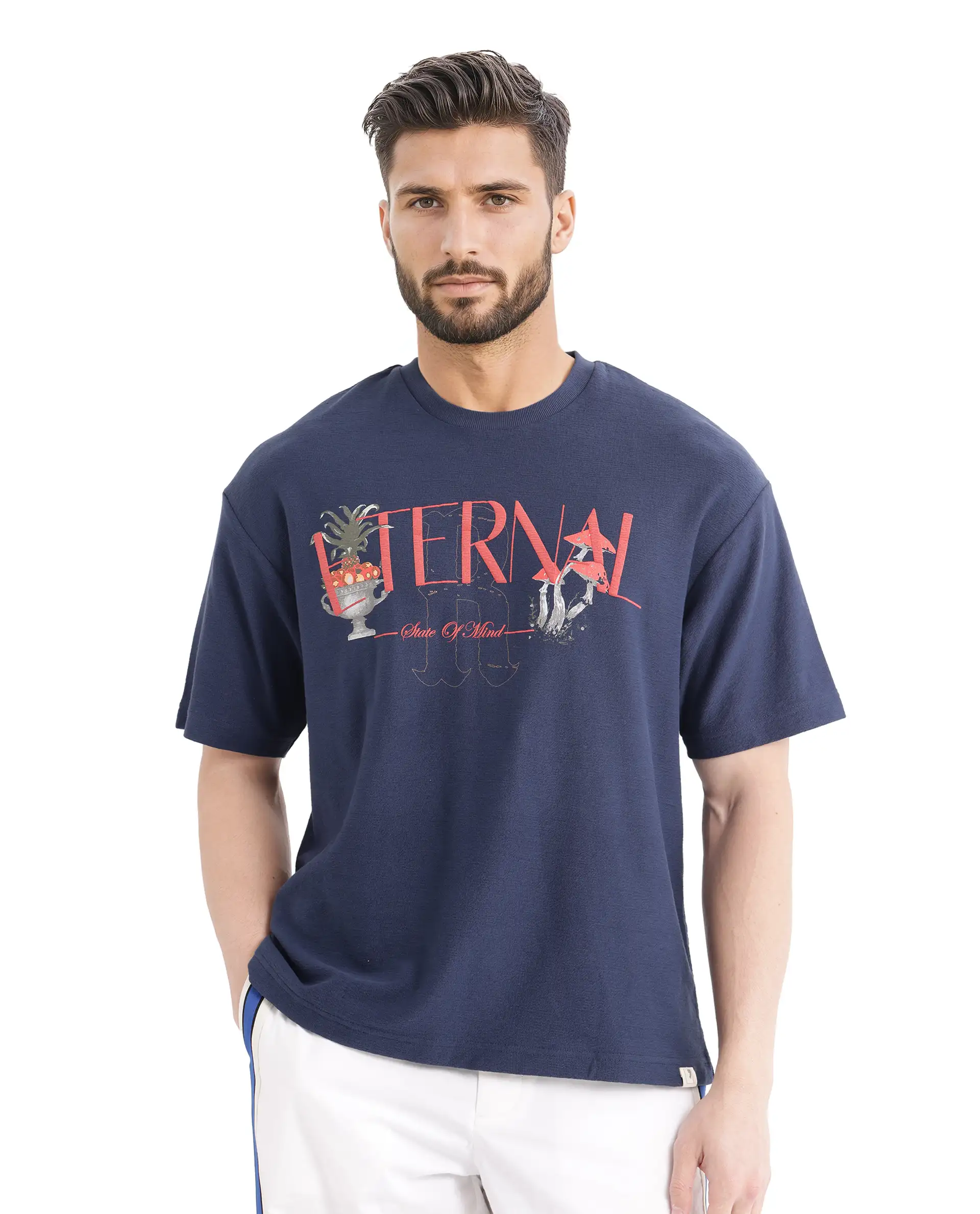 Rare Rabbit Men's Graw Navy Cotton Hd Print Oversized Fit Half Sleeve Crew Neck T-Shirt - Image 2