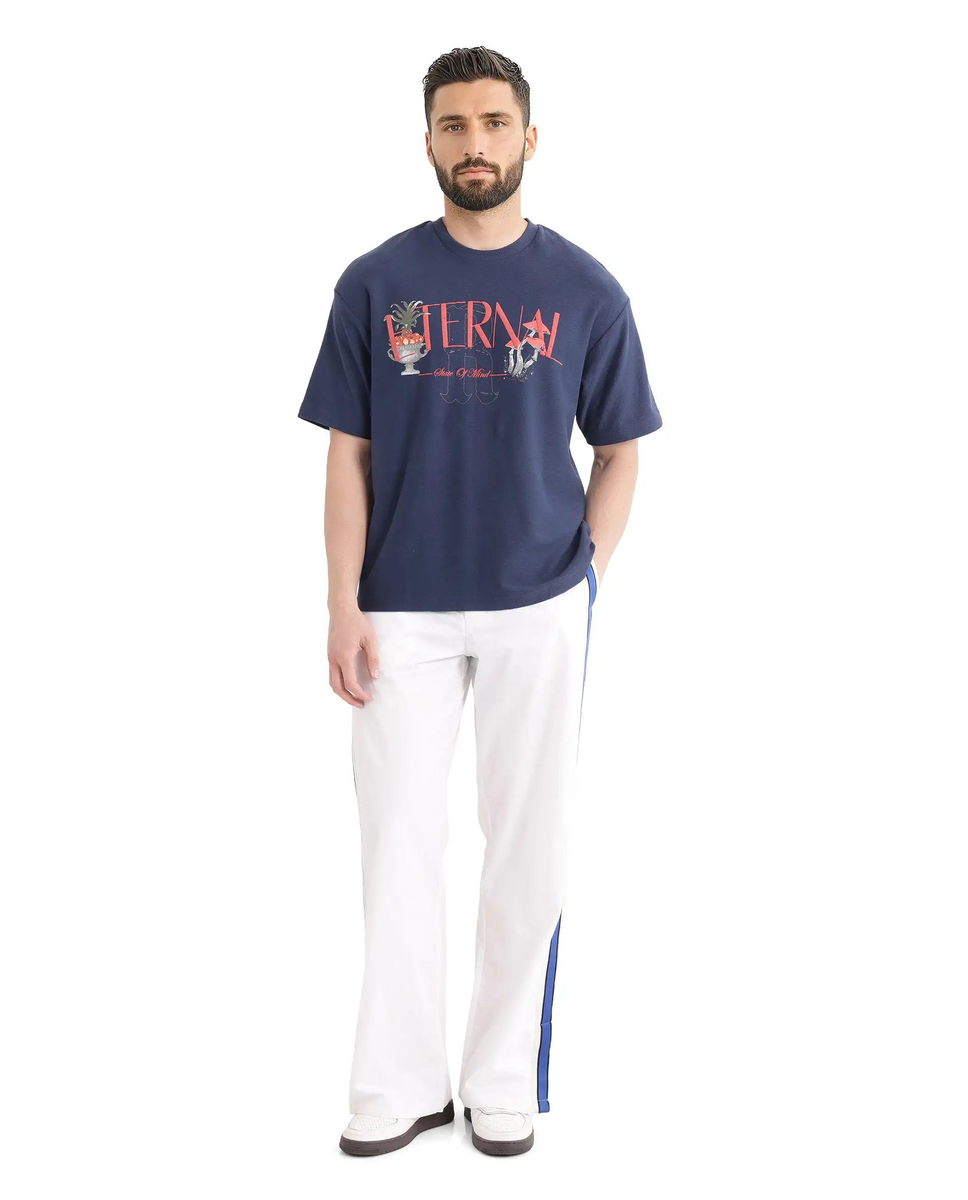 Rare Rabbit Men's Graw Navy Cotton Hd Print Oversized Fit Half Sleeve Crew Neck T-Shirt - Image 3