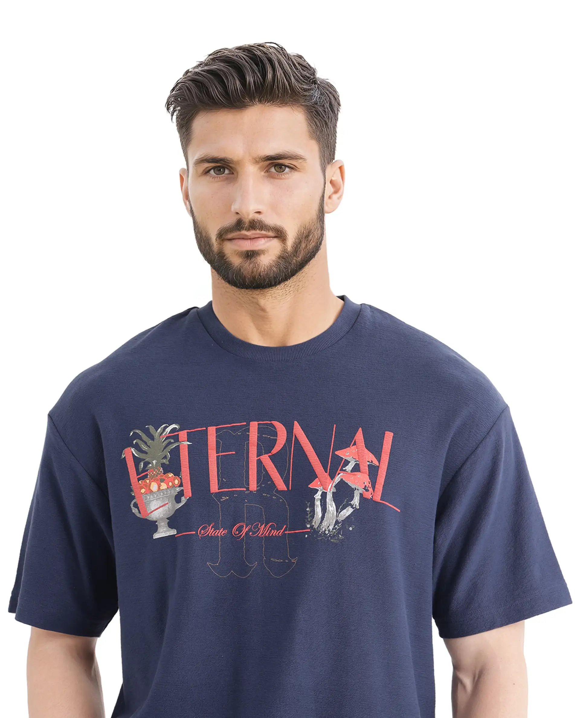 Rare Rabbit Men's Graw Navy Cotton Hd Print Oversized Fit Half Sleeve Crew Neck T-Shirt - Image 4