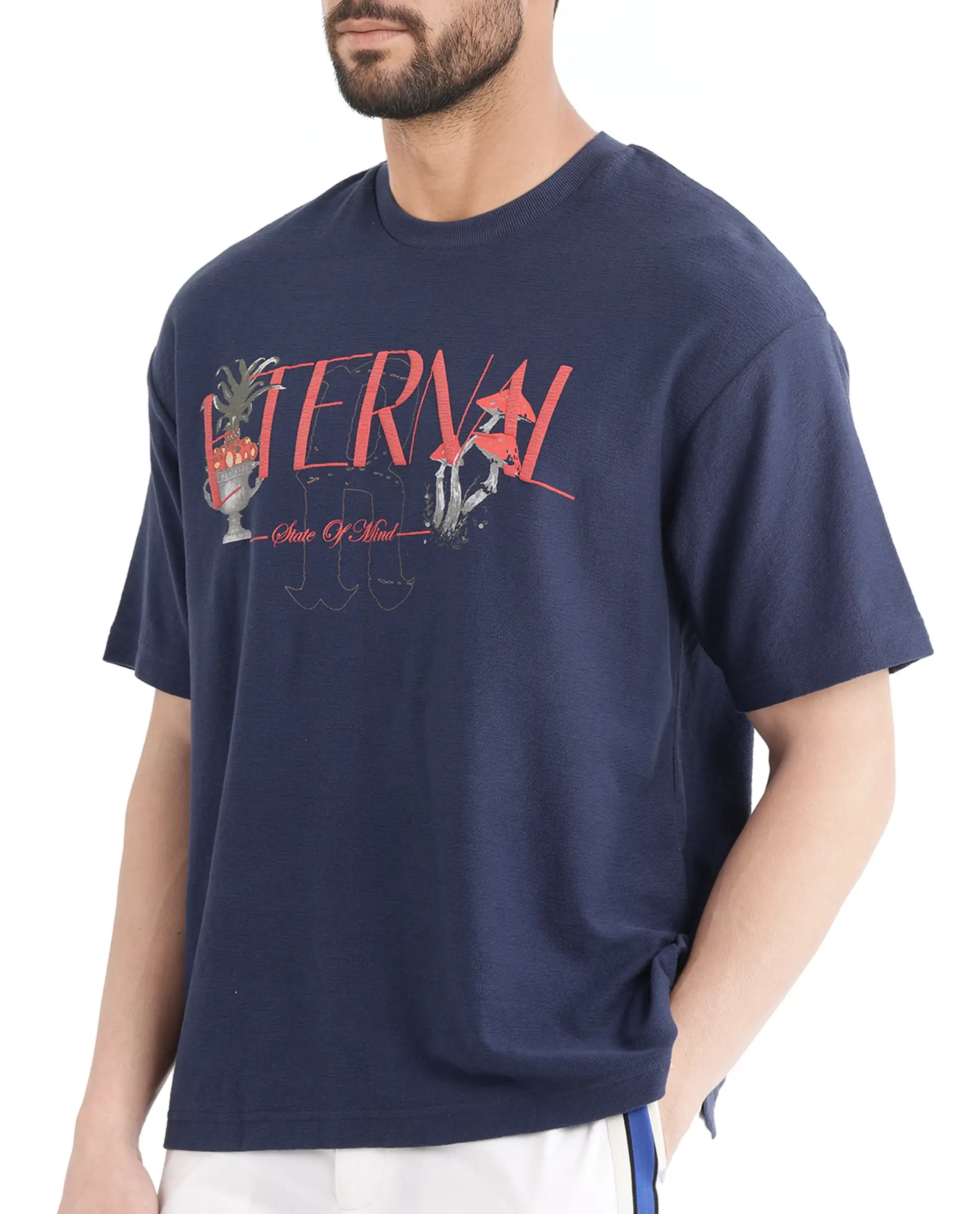 Rare Rabbit Men's Graw Navy Cotton Hd Print Oversized Fit Half Sleeve Crew Neck T-Shirt - Image 5