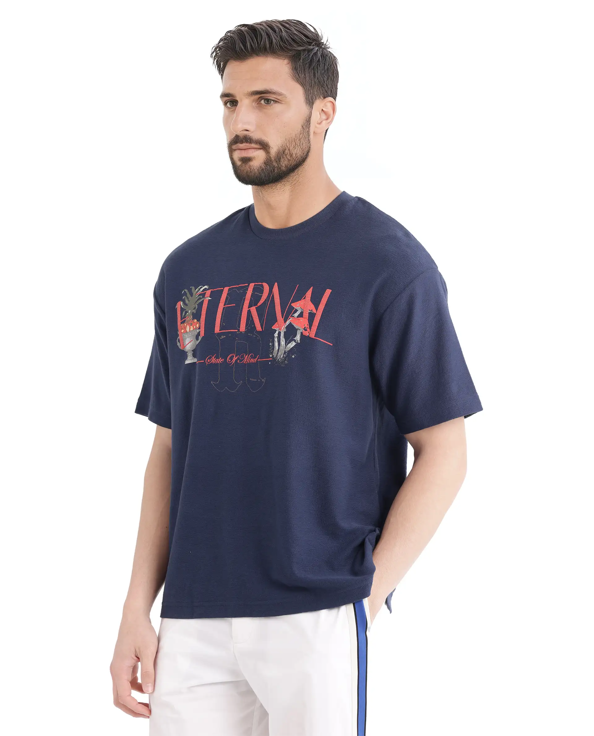 Rare Rabbit Men's Graw Navy Cotton Hd Print Oversized Fit Half Sleeve Crew Neck T-Shirt - Image 6