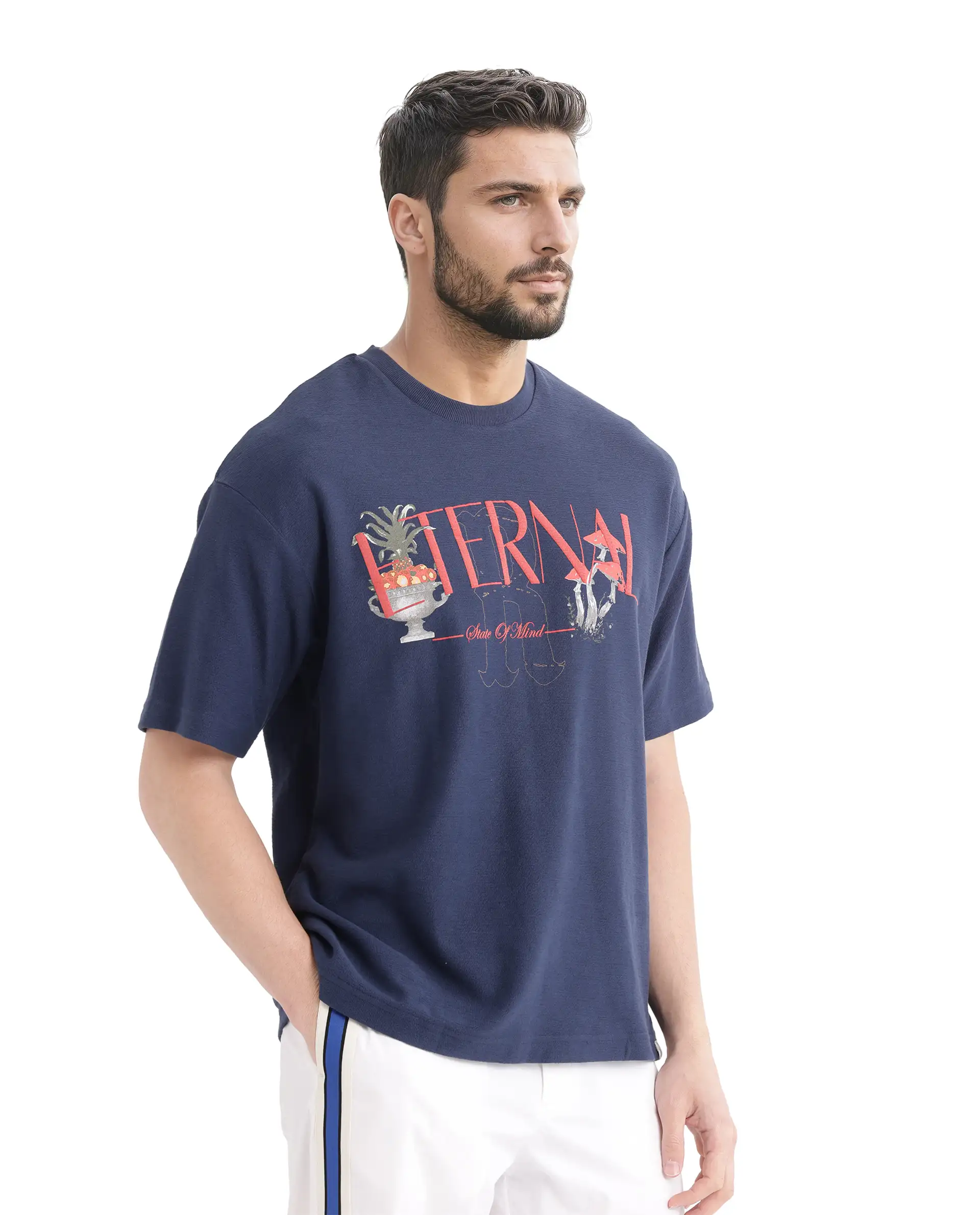 Rare Rabbit Men's Graw Navy Cotton Hd Print Oversized Fit Half Sleeve Crew Neck T-Shirt - Image 7