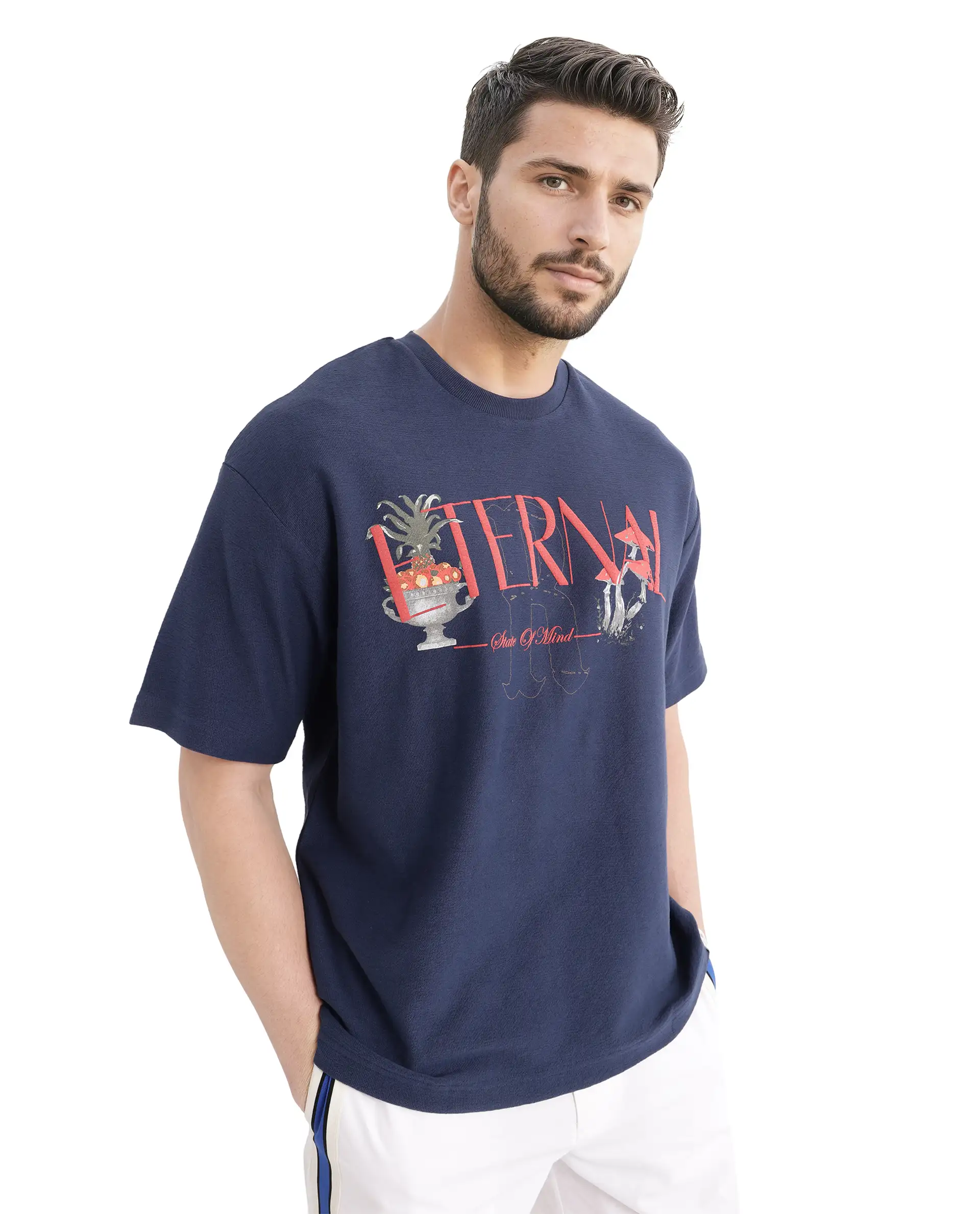 Rare Rabbit Men's Graw Navy Cotton Hd Print Oversized Fit Half Sleeve Crew Neck T-Shirt - Image 8