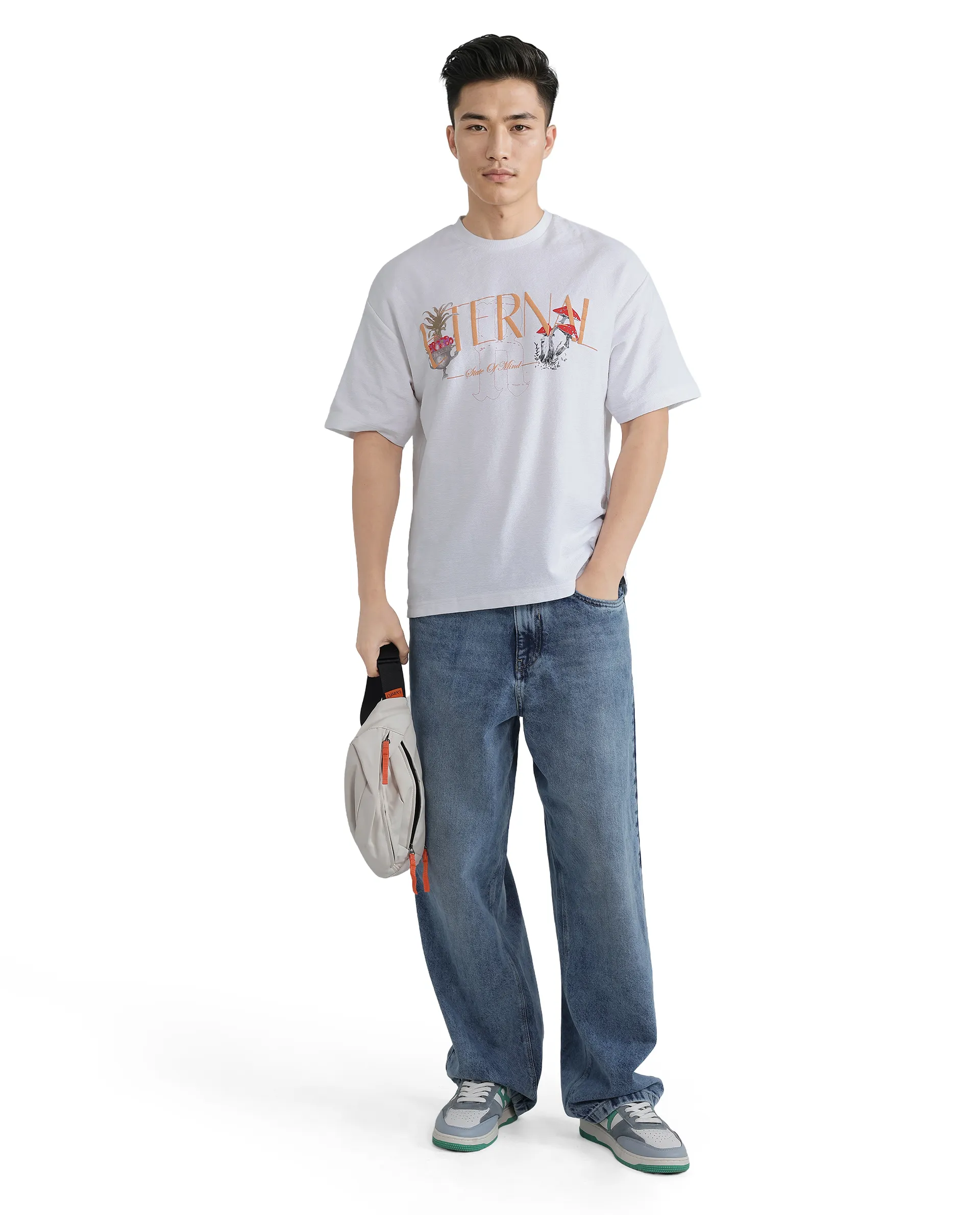 Rare Rabbit Men's Graw White Cotton Hd Print Oversized Fit Half Sleeve Crew Neck T-Shirt - Image 2