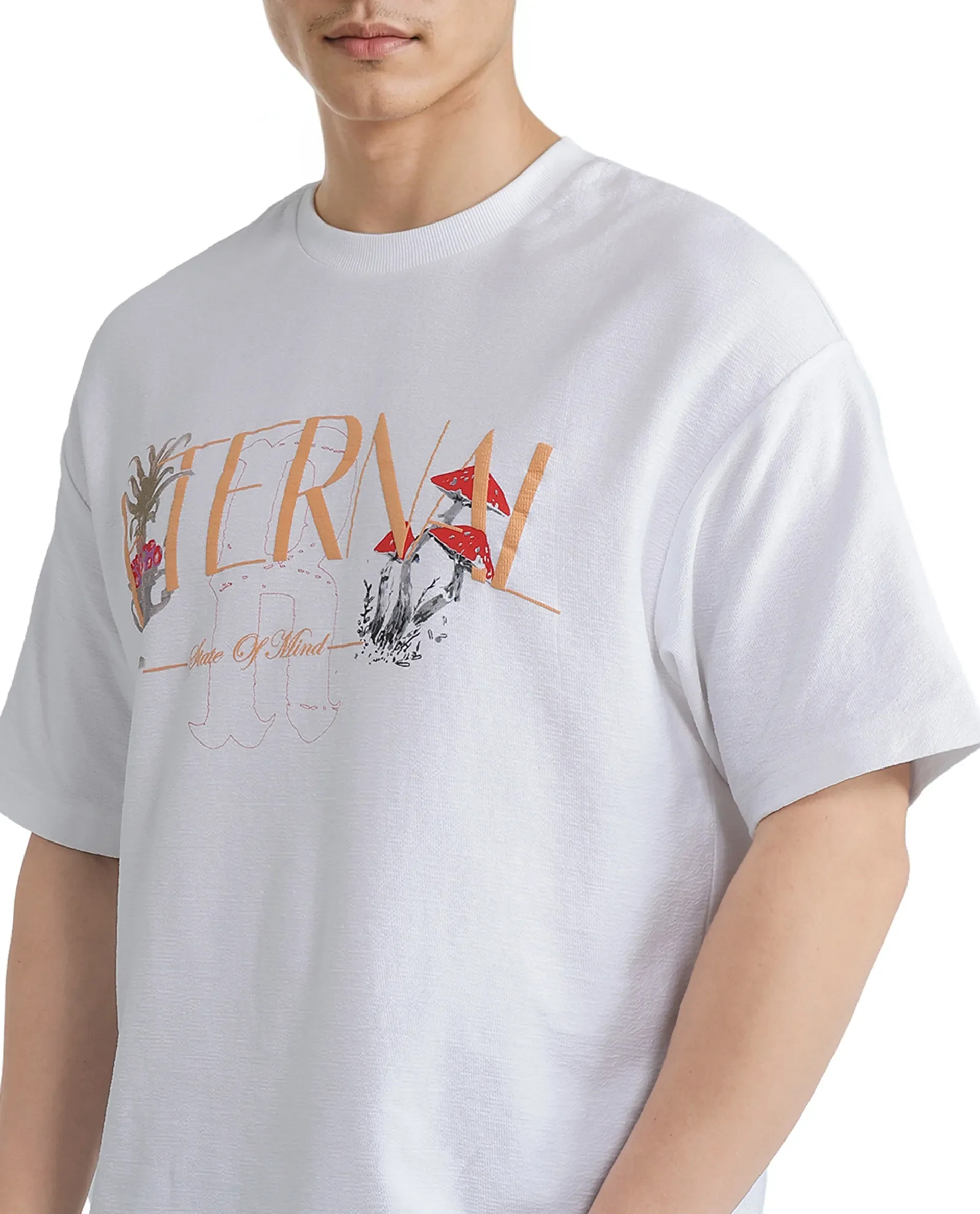 Rare Rabbit Men's Graw White Cotton Hd Print Oversized Fit Half Sleeve Crew Neck T-Shirt - Image 3